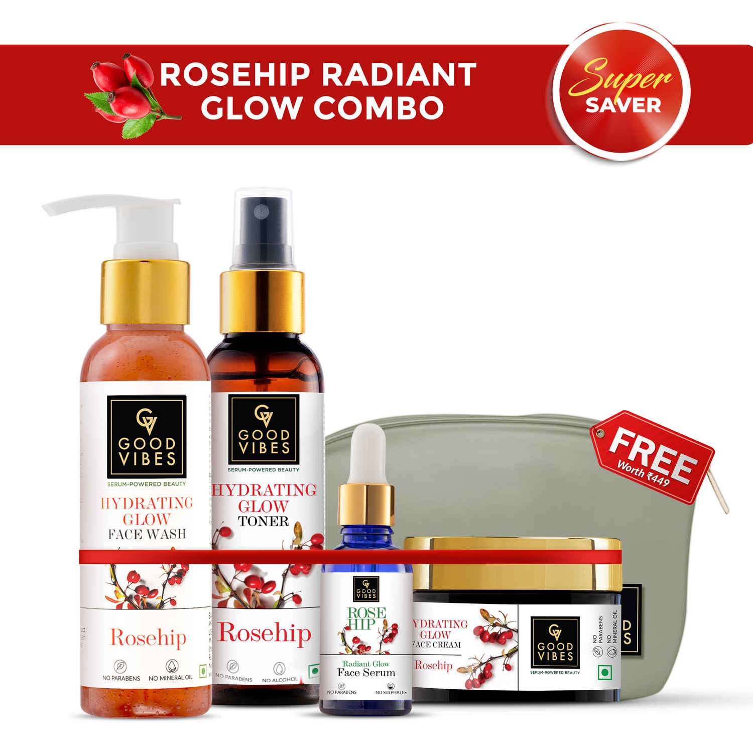 Buy Good Vibes Rosehip Range Combo Kit CTSM (Face Wash 200 ml + Toner 120 ml + Face Serum 10 ml + Face Cream 50 gm) - Purplle