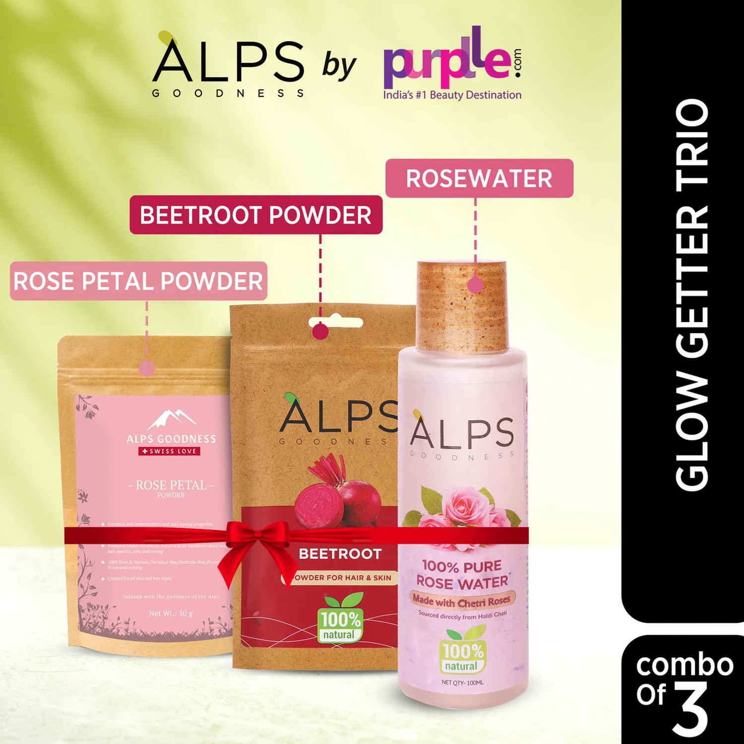 Buy Alps Goodness Glow Getter Trio | Beetroot Powder (50 gm) + Rose Petal Powder (50 gm) + 100% Natural Rose Water (100 ml) I Glow Up Kit I Skin Brightening Set I Pack of 3 - Purplle