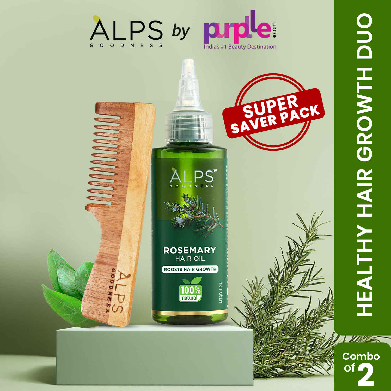 Buy Alps Goodness Nourishing Growth Power Pack with Rosemary Hairl Oil (110 ml) & 100% Natural Neem Wood Comb | Hair Growth Kit | Scalp Health - Purplle