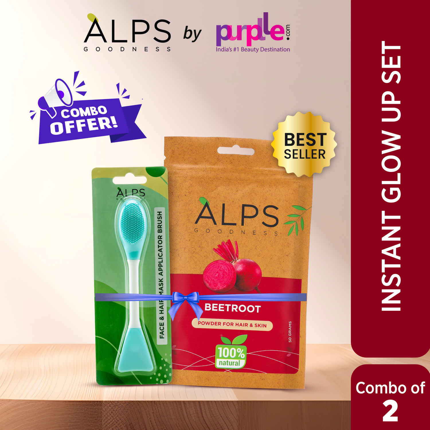 Buy Alps Goodness Instant Glow Up Set (Pack of 2) with 100% Natural Beetroot Powder (50 gm) & Face & Hair Mask Applicator Brush | For Bright Skin | Reduces Pigmentation & Detans Naturally - Purplle