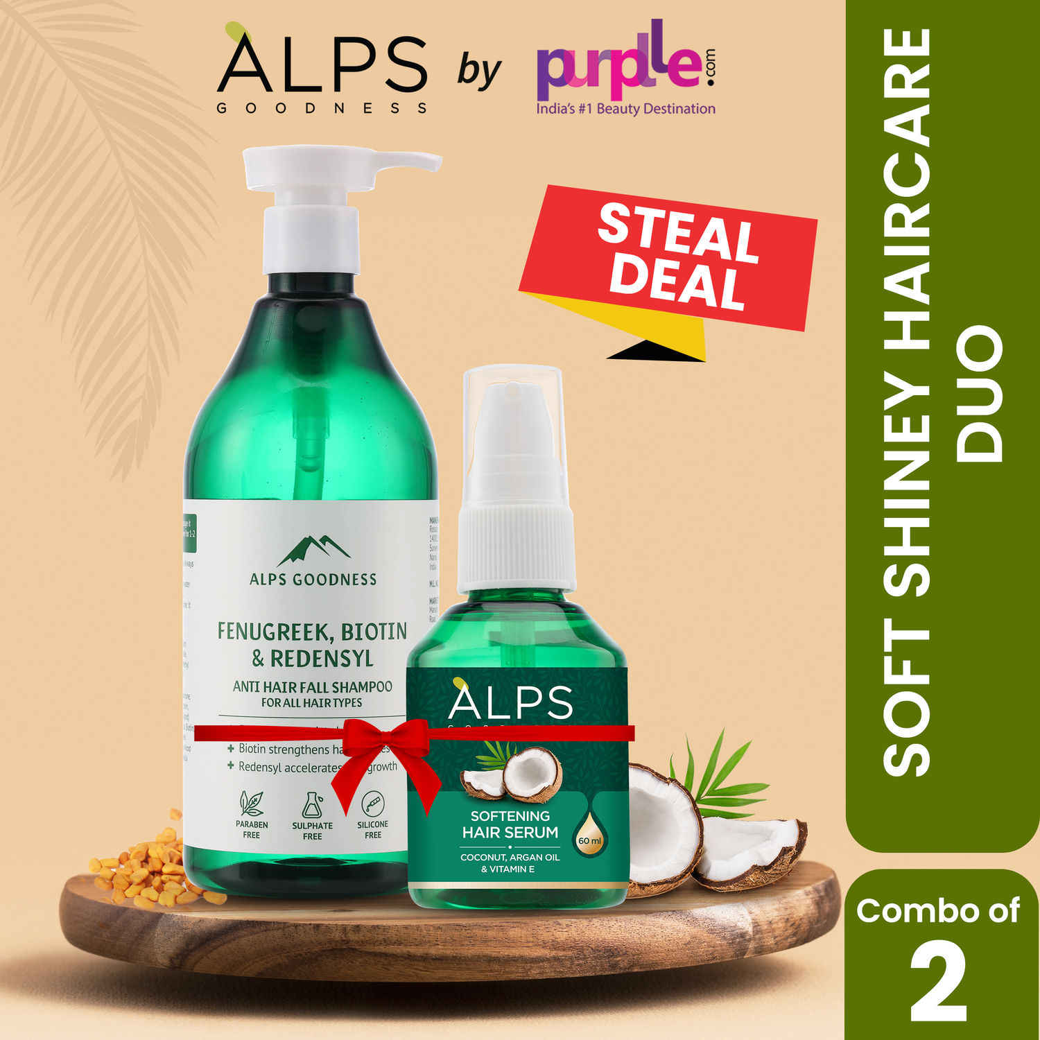 Buy Alps Goodness Soft Shiny Haircare Duo with Antihairfall Shampoo with Fenugreek, Biotin & Redensyl & Softening Hair Serum with Coconut, Argan Oil & Vitamin E (Pack of 2) | Soft Shiny Hair | No Frizz | Mild Cleansing | No Sulphates or Parabens - Purplle