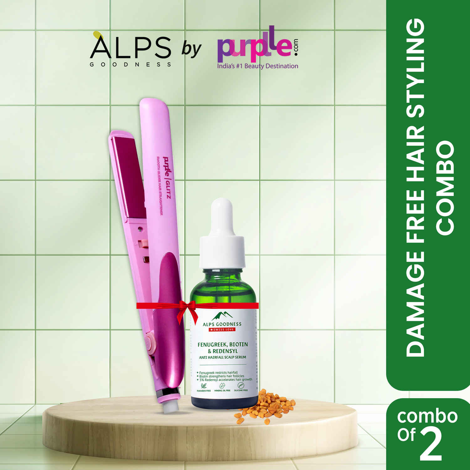 Buy Alps Goodness x Purplle Damage free Hair Styling combo | Alps Goodness Anti Hairfall Scalp Serum with Fenugreek Biotin and Redensyl (30 ml) | Purplle Glitz Smooth Glider Hair Straightener - Purplle