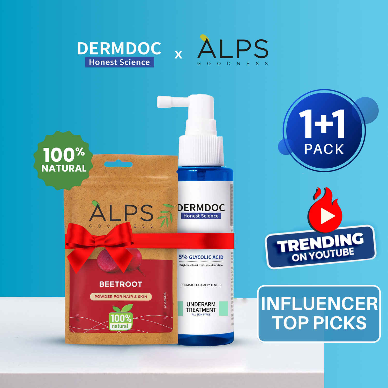 Buy DERMDOC x Alps Goodness Influencer Top Picks Combo Kit | Glycolic Acid Underarm Spray + Beetroot Powder | for dark underarms, underarm brightening | 100% Natural Powder | Hair & Face Mask | Face Pack for Brightening Skin - Combo of 2 - Purplle