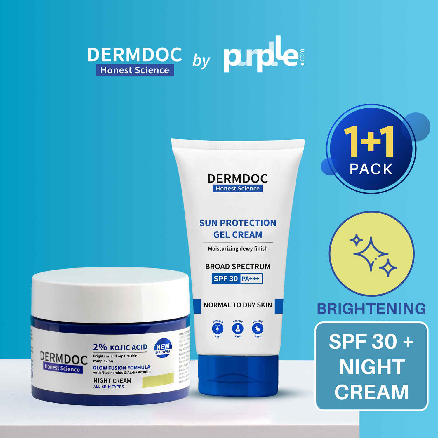 Buy DERMDOC Combo Kit Glow & Protect Combo | 2% kojic acid glow fusion formula night cream (50 g) | UVA & UVB Broad Spectrum Sun Protection Gel Cream (sunscreen) with SPF 30 & PA+++ (50 g) - Combo of 2 - Purplle