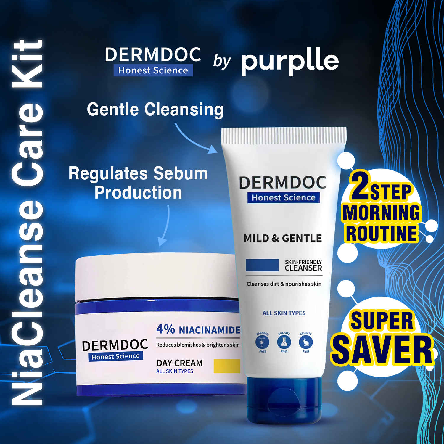 Buy DERMDOC by Purplle NiaCleanse Gentle Care Kit| Mild & Gentle Cleanser (100 ml) | 4 % Niacinamide Day Cream (50 gm) | Oil Control | Brightening - Purplle