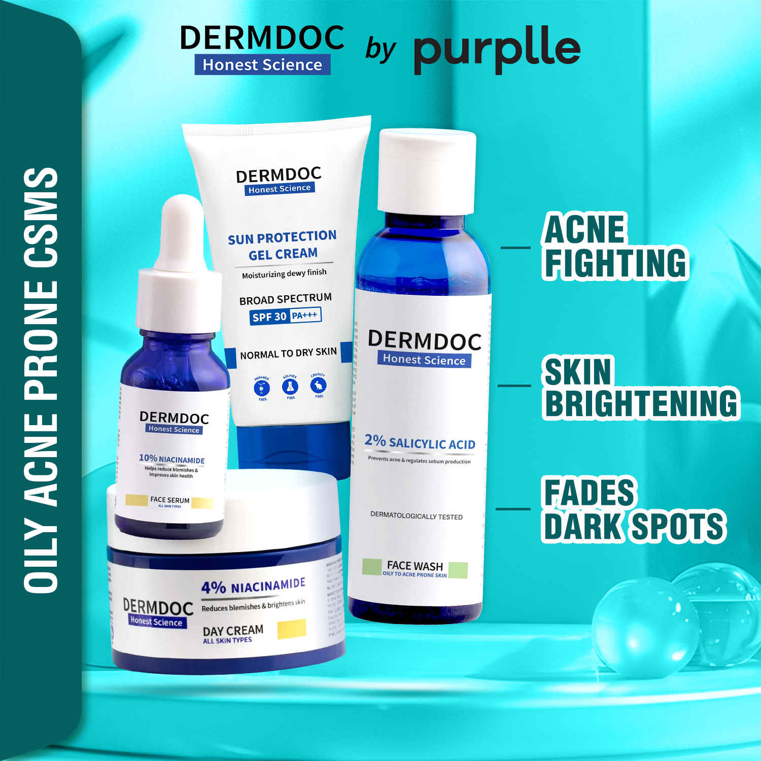Buy DERMDOC by Purplle 2% Salicylic Acid Face Wash for Acne and Dark Spots (120 ml) | 10% Niacinamide Face Serum (15 ml) | 4% Niacinamide Face Cream (50 gm) | UVA & UVB Broad Spectrum Sun Protection Gel Cream with SPF 30 & PA+++ - Purplle