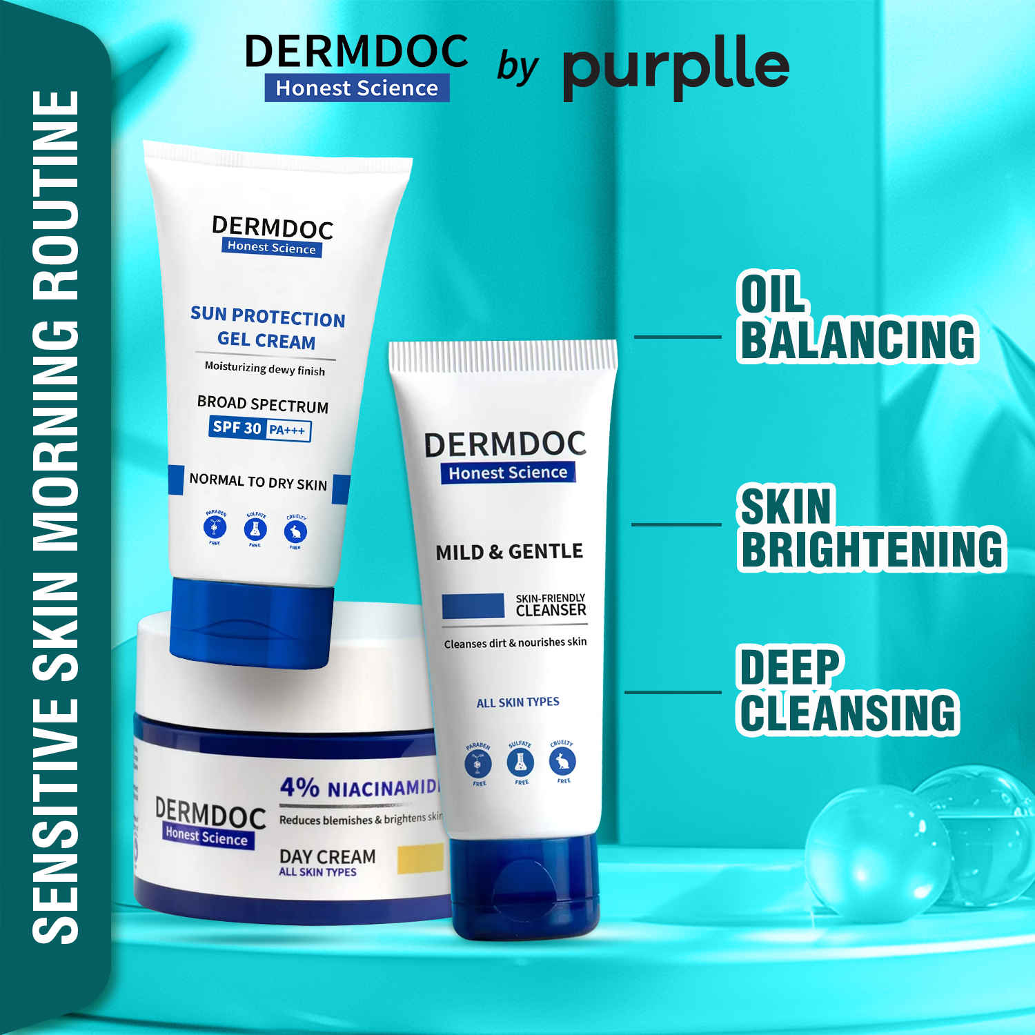 Buy DERMDOC by Purplle Mild & Gentle Facial Cleanser (100 ml) | 4% Niacinamide Face Cream for Clear & Bright Skin (50 gm) | UVA & UVB Broad Spectrum Sun Protection Gel Cream with SPF 30 & PA+++ - Purplle