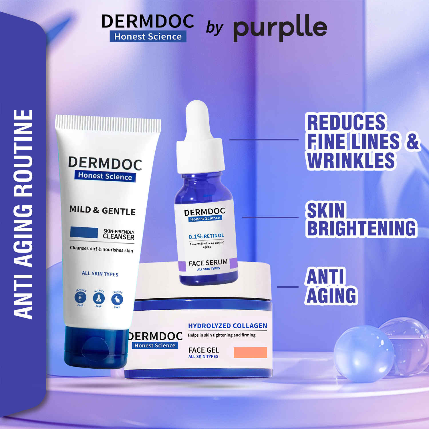 Buy DERMDOC by Purplle Mild & Gentle Facial Cleanser (100 ml) | 0.1% Retinol Face Serum (15 ml) | Hydrolyzed Collagen Skin Tightening Face Gel (50 gm) - Purplle