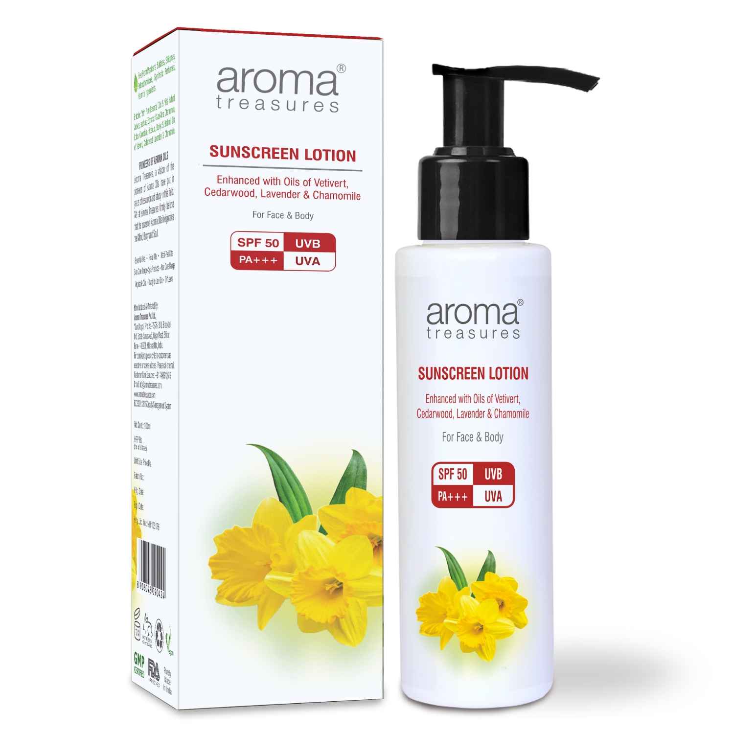 Buy Aroma Treasures Sunscreen Lotion with SPF 50 | Water-resistant | UVA/UVB protection, Infused Lavender, Chamomile & Vetivert | Easy-to-apply for all skin types, face & body | SPF 50 | (100 gm) - Purplle