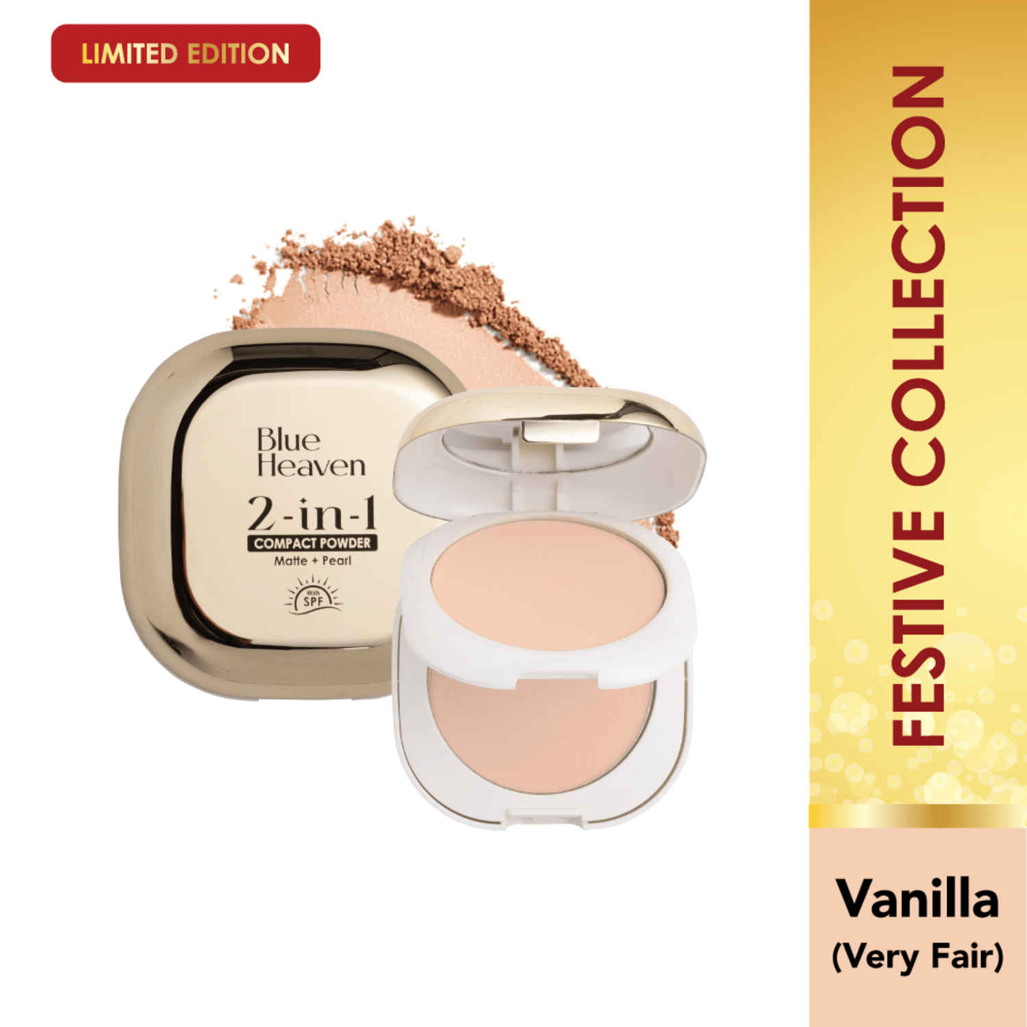 Buy Blue Heaven 2-in-1 Festive Compact Powder for Women infused with Vitamin E | Pearl & Matte Finish | SPF Protection | 8-Hour Oil Control | Face Powder for Glowing Skin|Vanilla| 18 gm - Purplle
