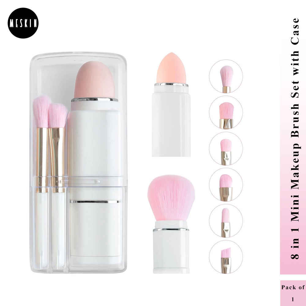 Buy MeSkin Travel Makeup Brushes Set: 8-in-1 Mini Foundation Brush, Portable Face Powder Brush, Blush Concealers, Eye Makeup Brushes, Puff Sponge with Organizers and Storage Boxes (White) - Purplle