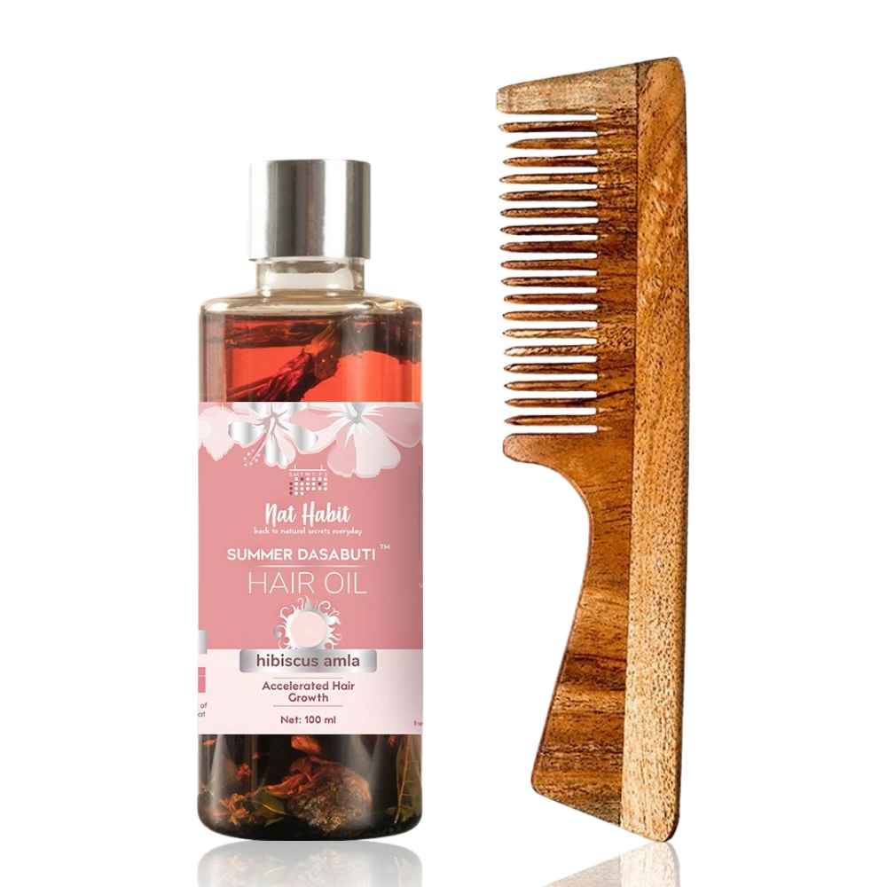 Buy Nat Habit Wide Tooth Kacchi Neem Comb & Hibiscus Amla Summer Dasabuti Hair Oil Combo - Purplle