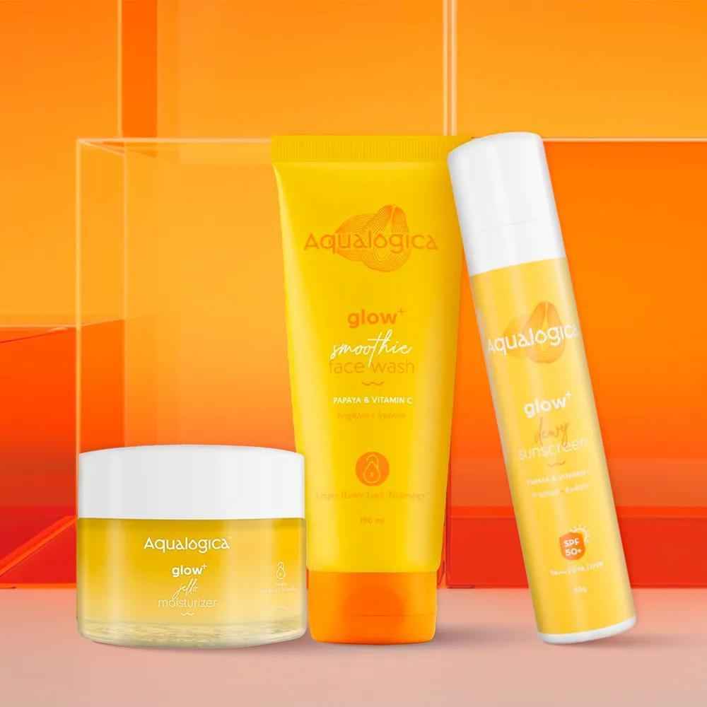 Buy Aqualogica Radiant Glow Trio: Dewy Sunscreen (50 gm) + Jello Moisturizer (50 gm) + Smoothie Face Wash (100 gm) - Purplle