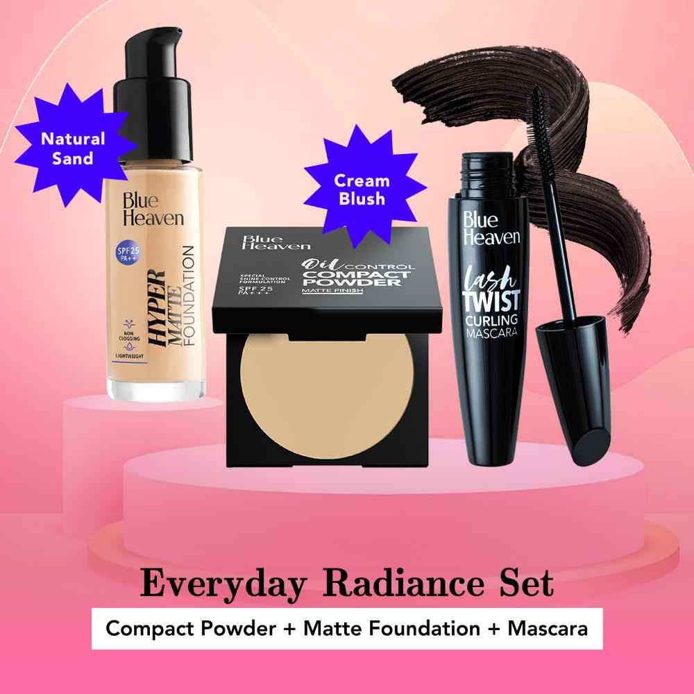 Buy Blue Heaven Everday Radiance Set 2 (Compact Powder - Cream Blush 201, Hyper Matte Foundation - 103 Natural Sand, Lash Twist Mascara - Black Pack) (8 g + 30 ml + 12 ml) - Purplle