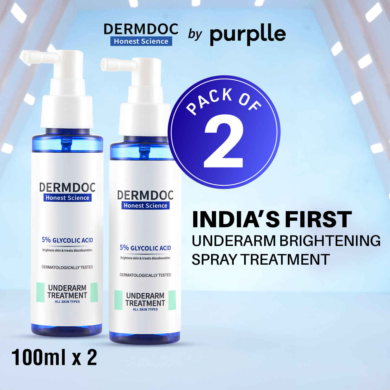 Buy DERMDOC by Purple Combo Kit of 5% Glycolic Acid Underarm Brightening Spray Treatment (100ml) Pack of 2 l Exfoliating & Brightening | MultiPurpose Spray for Hyperpigmentation, Dark Spots, Dark Neck, Dark Underarms & Strawberry Legs - Purplle
