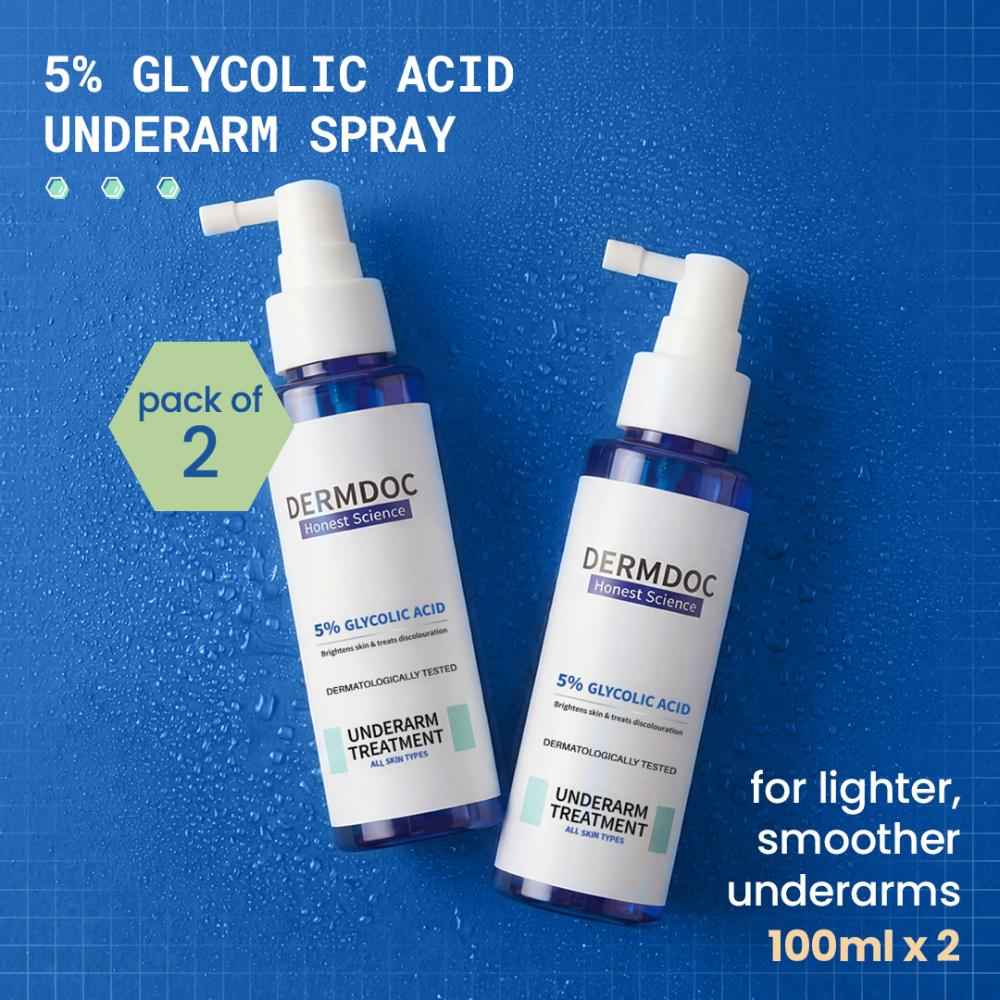 Buy DERMDOC by Purple Combo Kit of 5% Glycolic Acid Underarm Brightening Spray Treatment (100ml) Pack of 2 l Exfoliating & Brightening | MultiPurpose Spray for Hyperpigmentation, Dark Spots, Dark Neck, Dark Underarms & Strawberry Legs - Purplle