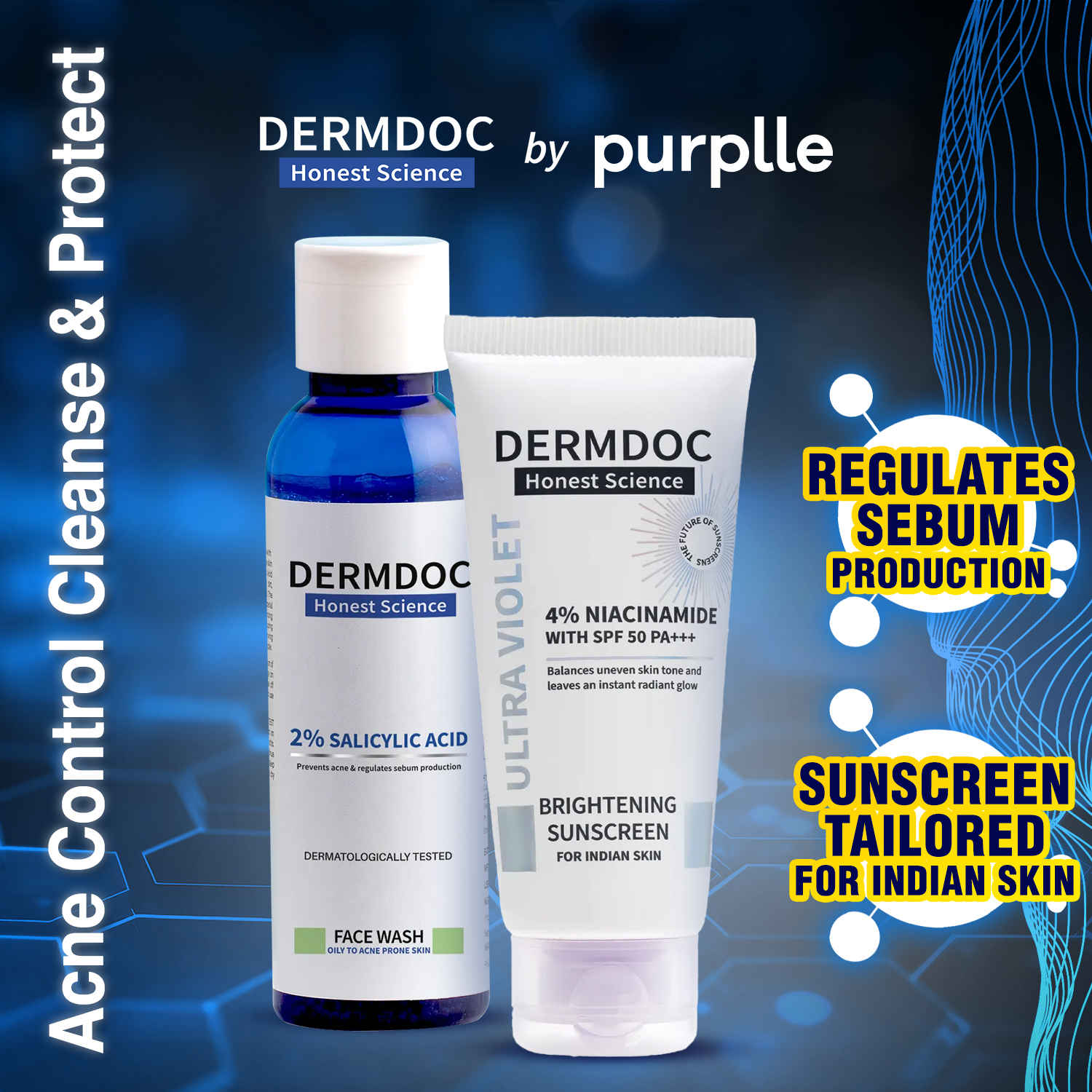 Buy DERMDOC Acne Control Cleanse & Sun-Protect Combo (2% Salicylic Acid Facewash (120 ml) + 4% Niacinamide Brightening Sunscreen SPF 50 PA+++ (50 gm)) - Purplle