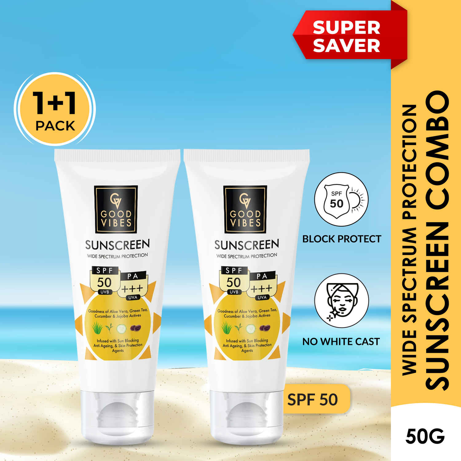 Buy Good Vibes Wide Spectrum Protection Sunscreen with SPF 50: Shield Your Skin from Harmful UV Rays (Pack of 2) (50 gm each) - Purplle