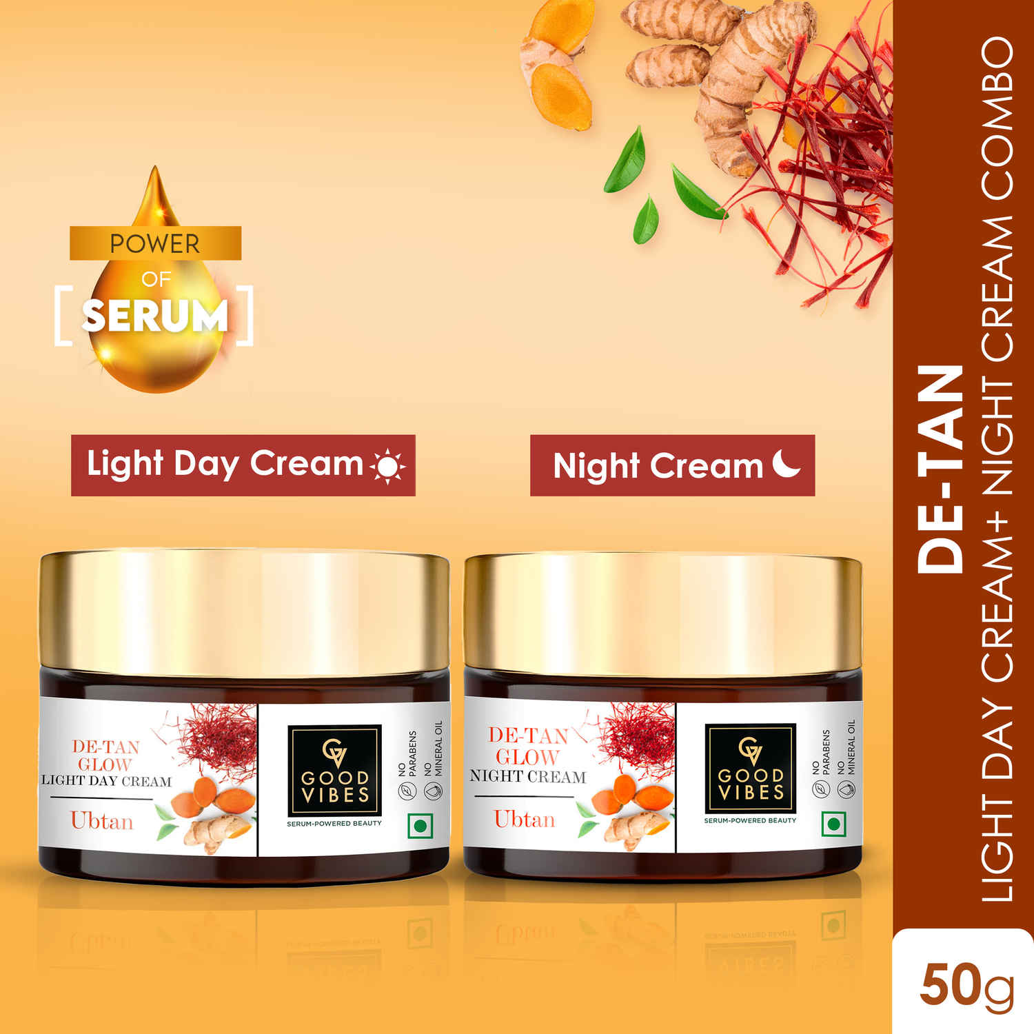 Buy Good Vibes De-tan Ubtan Light Day Cream (50 gm) & Night Cream Combo (50 gm) | Lightweight hydration and deep nourishment in one set, Say goodbye to tan - Purplle