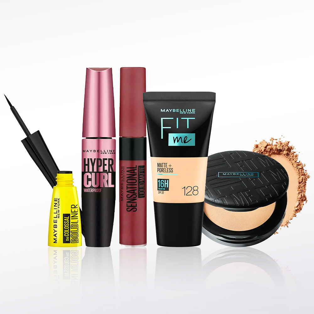 Buy Maybelline NewYork Party Diva Essentials 3 | Fit Me Compact 128(6g) | Fit Me Liquid Foundation Tube 128(18ml) | Hypercurl Mascara Waterproof Very Black (9.2 g) | Colossal Bold Eyeliner Black(3g) | Sensational Liquid Lipstick 21 Nude Nuance (7 ml) - Purplle