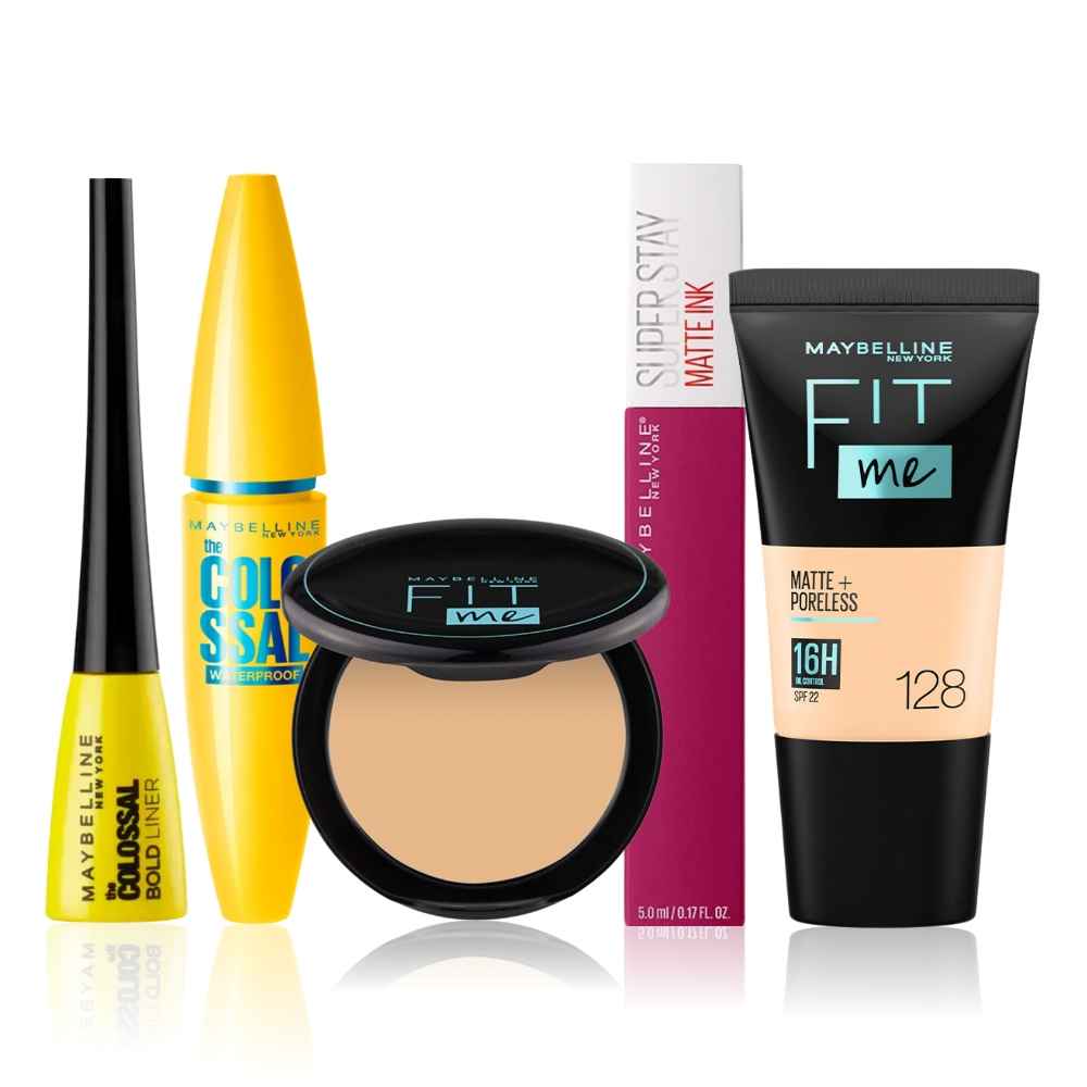 Buy Maybelline Newyork All-Day Glam Essentials Kit 3 | Fit Me Compact 128(6g) | Fit Me Liquid Foundation Tube 128 (18ml) | Colossal Waterproof Mascara - Black (10 g) | Colossal Eyeliner Black(3g) | Super Stay Liquid Lipstick 120(5g) - Purplle