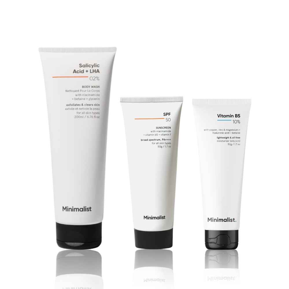 Buy Minimalist Daily AM Combo (SPF 50 Sunscreen + 10% Vitamin B5 Oil Free Moisturizer + Salicylic acid & LHA 2% Body Wash) - Combo of 3 - Purplle