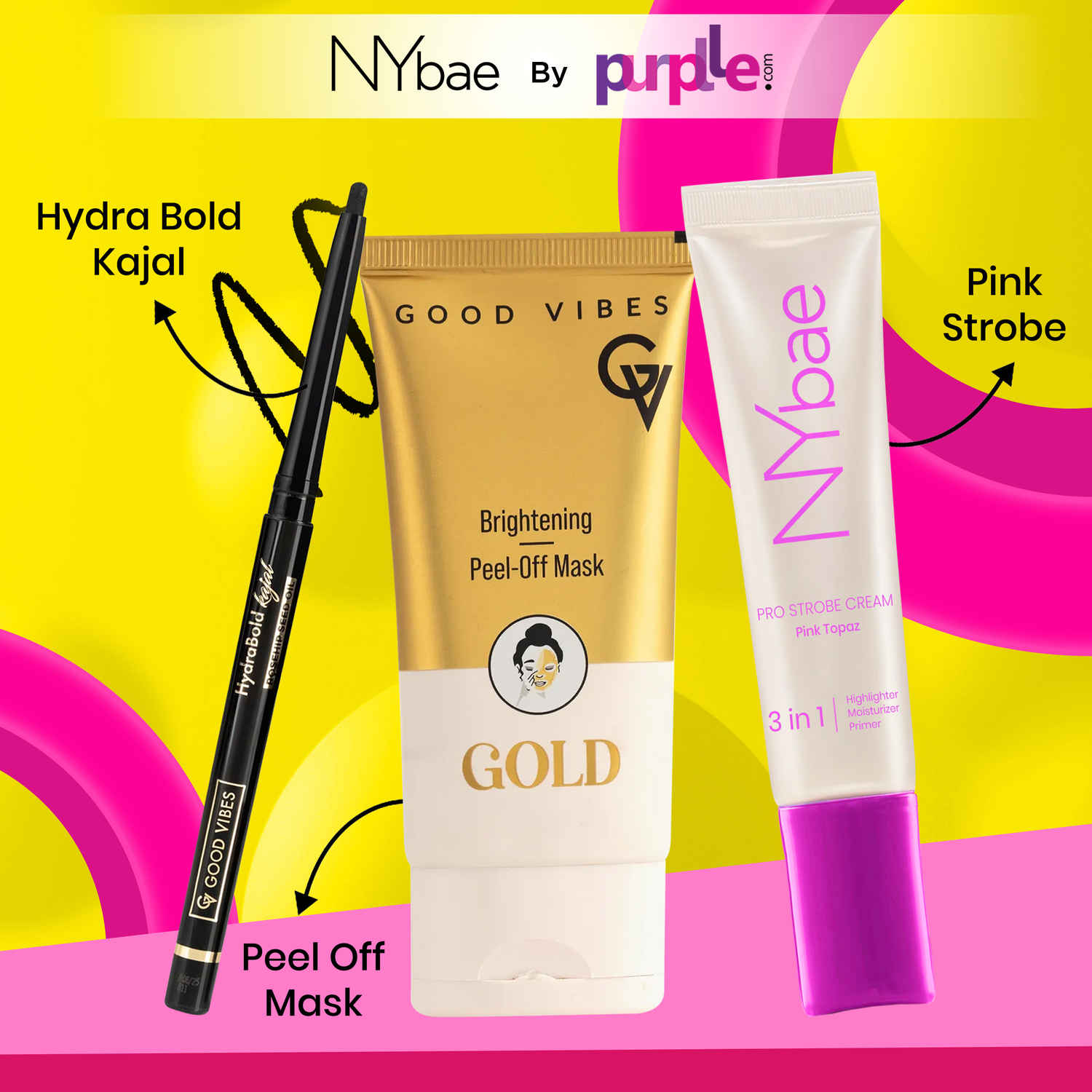 Buy Good Vibes x NY Bae Bold & Gold Essentials Trio | Good Vibes Hydra Bold Kajal (0.35 gm)| Intense Black | Good Vibes Gold Brightening Peel Off Mask (50 gm) | NY Bae Strobe Cream Pink Topaz (12 gm) | Glowing Skin | Korean Glow - Purplle