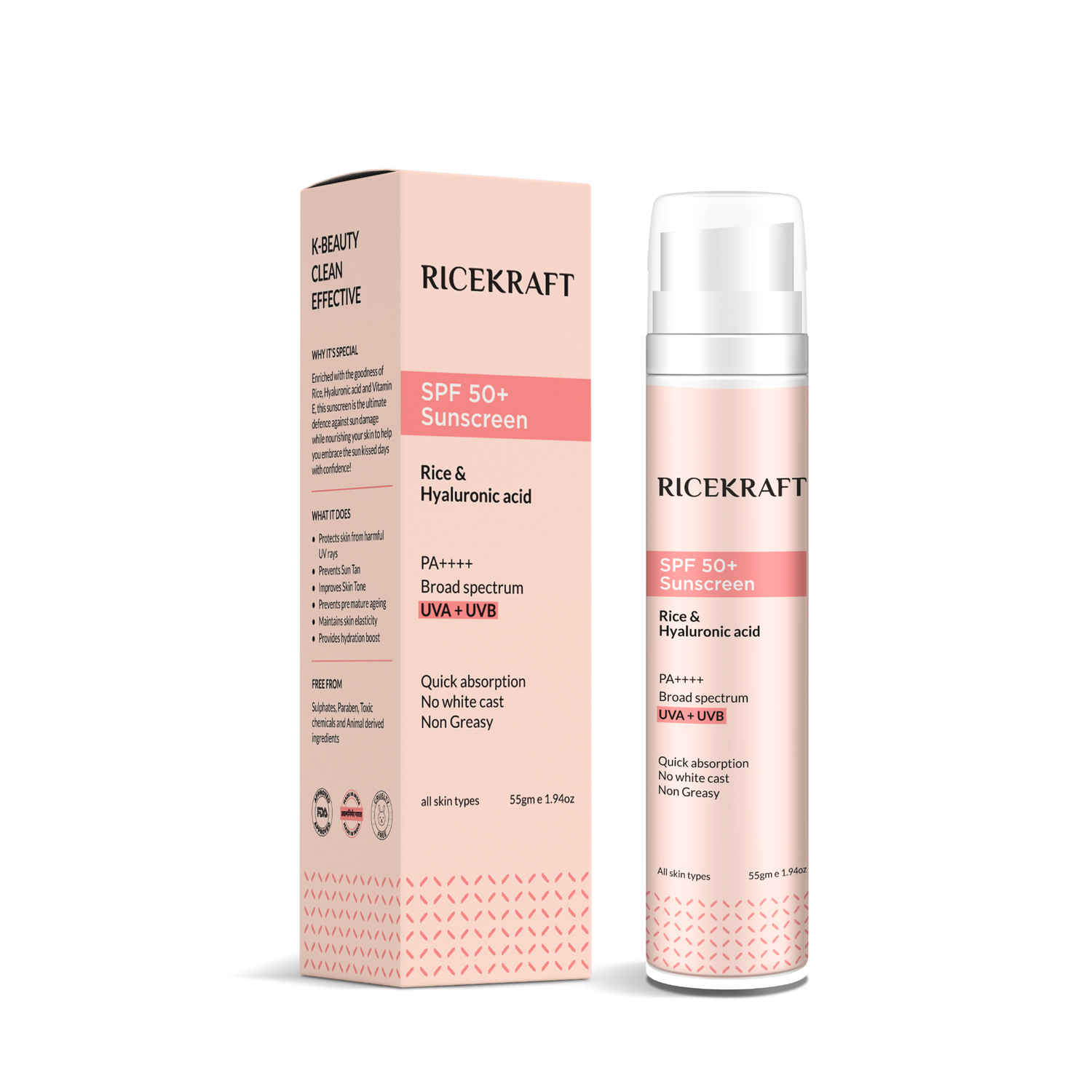 Buy Ricekraft SPF 50+ Korean Sunscreen with Rice & Hyaluronic Acid for Broad Spectrum, PA++++ Protection | Light weight | Quick absorption, No White Cast and Non Greasy | Fragrance Free | For Oily, Dry, Combination, Acne Prone Skin | 55 gm - Purplle