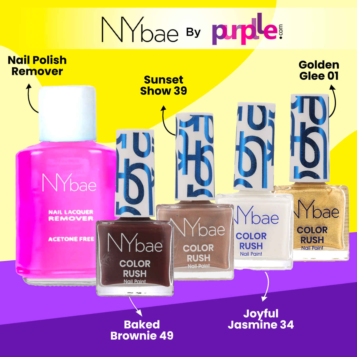 Buy NY Bae Color Rush Nail Paint Set + Remover - Everyday Essentials 09 | Chip Resistant | Acetone Free | Long Lasting | Quick Dry | Glossy Gel Nail Paint Combo (5.6 ml*4) + Nail Polish Remover (30 ml) - Purplle