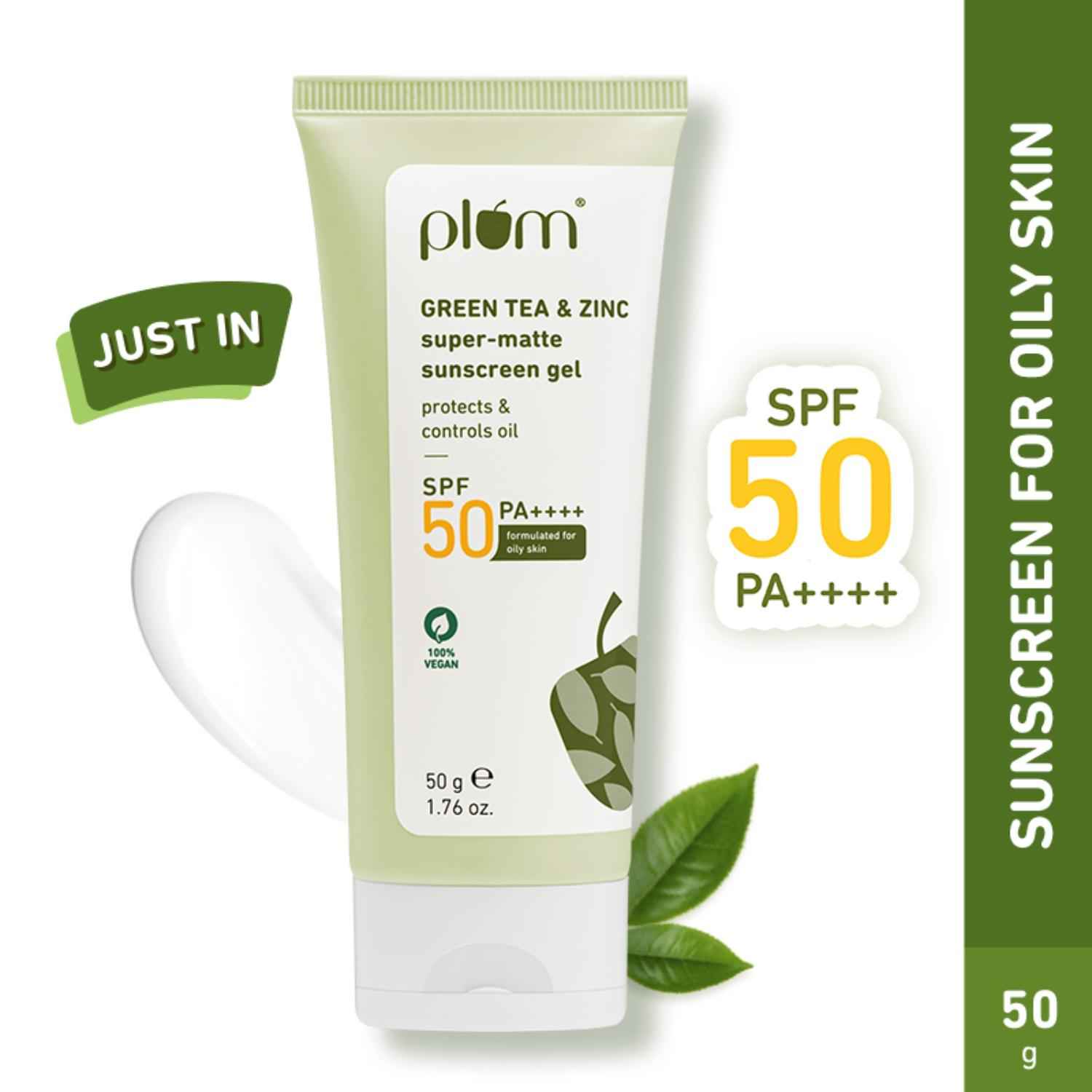 Buy Plum Green Tea & Zinc Super-Matte Sunscreen Gel | SPF 50 PA ++++, Formulated For Oily Skin | Protects & Controls Oil | Lightweight Gel Texture | No White Cast & Non-sticky | With Hybrid Filters |Fragrance-Free | 100% Vegan | 50 gm - Purplle