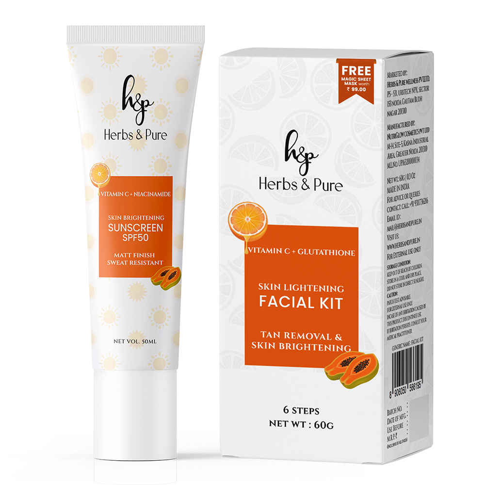 Buy Herbs & Pure Skin Lightening Facial kit With Vitamin C & Glutathione for Glowing and Skin Brightening Vitamin C & Niacinamide Sunscreen SPF 50 With Magic Sheet Mask & Disp HeadCap 50 & 60 gm Pack of 2 - Purplle