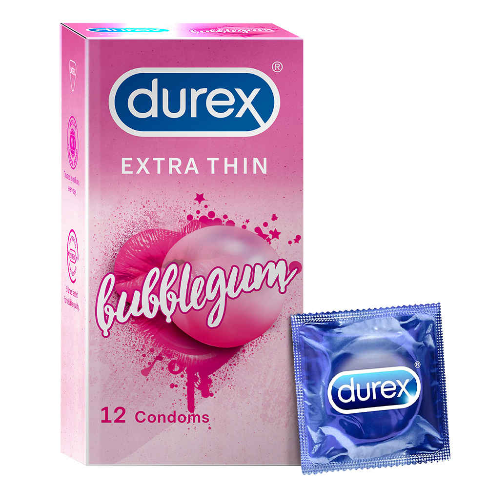 Buy Durex Extra Thin Bubblegum Flavoured Condoms For Men - 12 Count - Purplle