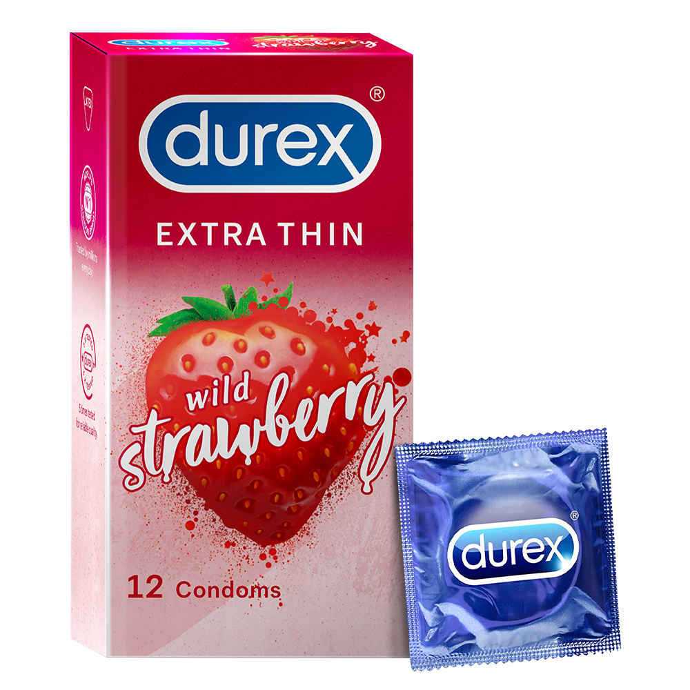 Buy Durex Extra Thin Strawberry Flavoured Condoms For Men - 12 Count - Purplle