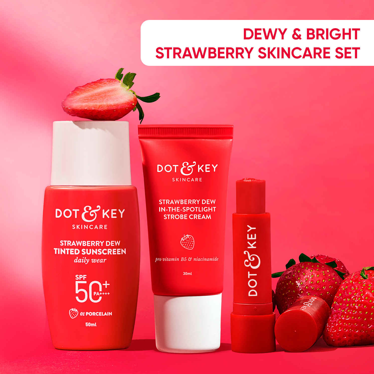 Buy Dot & Key Strawberry Dewy & Bright Strawberry Skincare Set - Sunscreen, Strobe Cream & Lip Balm - 84.5 gm - Purplle