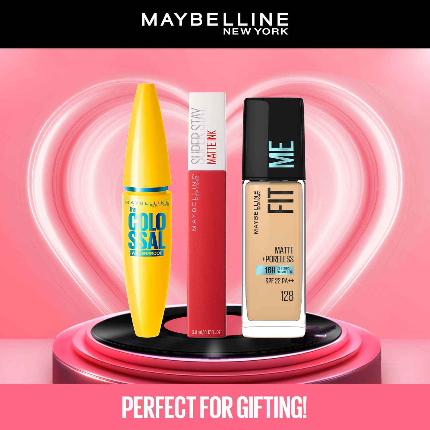 Buy Maybelline Love-Struck Makeup Combo Set | New York Fit Me Matte+Poreless Liquid Foundation 128 Warm Nude 30 ml + Super Stay Matte Ink Liquid Lipstick Pioneer 5 ml + The Colossal 2x Volume Waterproof Mascara - Black (10 gm) - Purplle