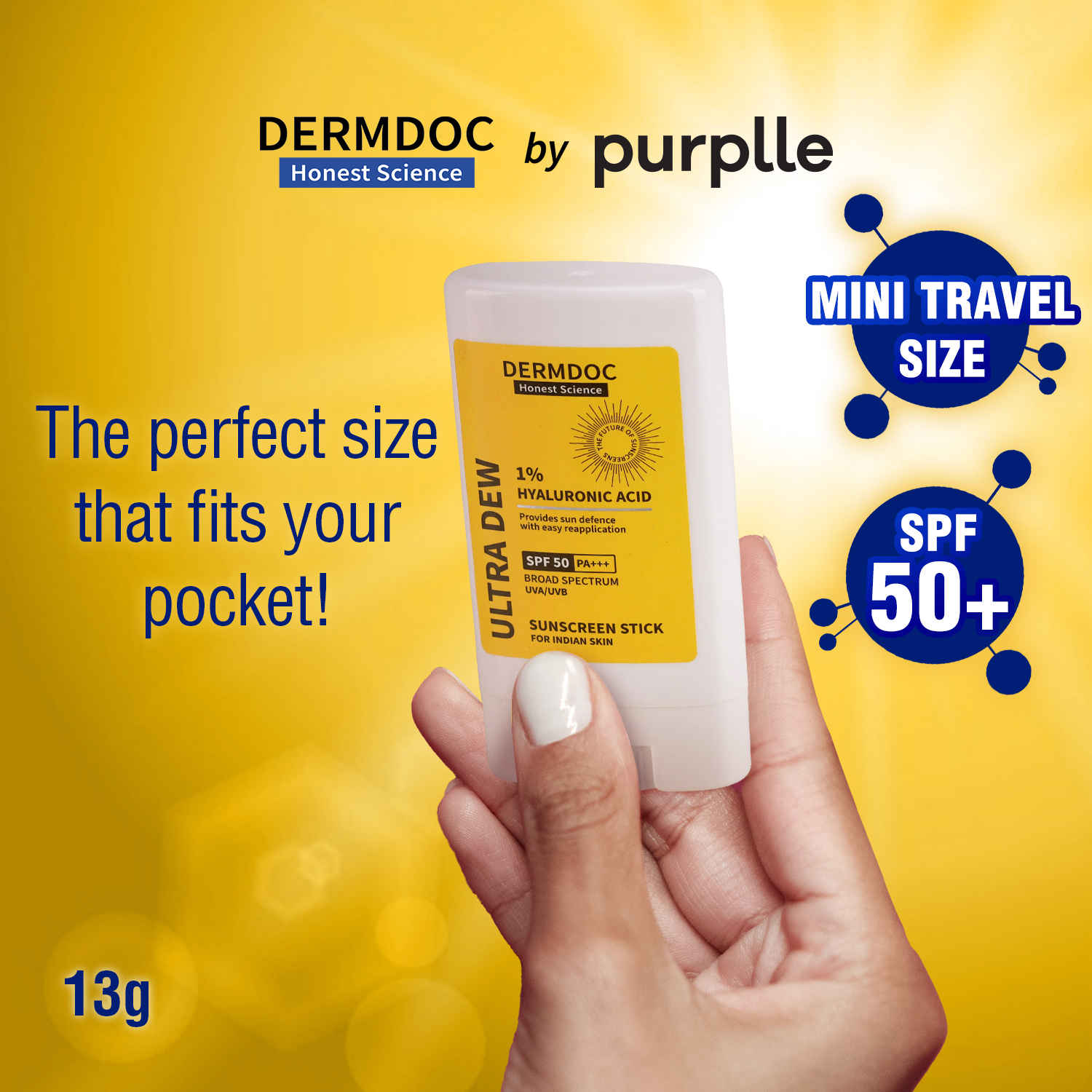 Buy DERMDOC By Purple 1% Hyaluronic Acid Mini Sunscreen Stick (13 gm) | Sunblock | SPF 50 PA +++ | Dewy Finish | Easy Application | Travel Friendly - Purplle