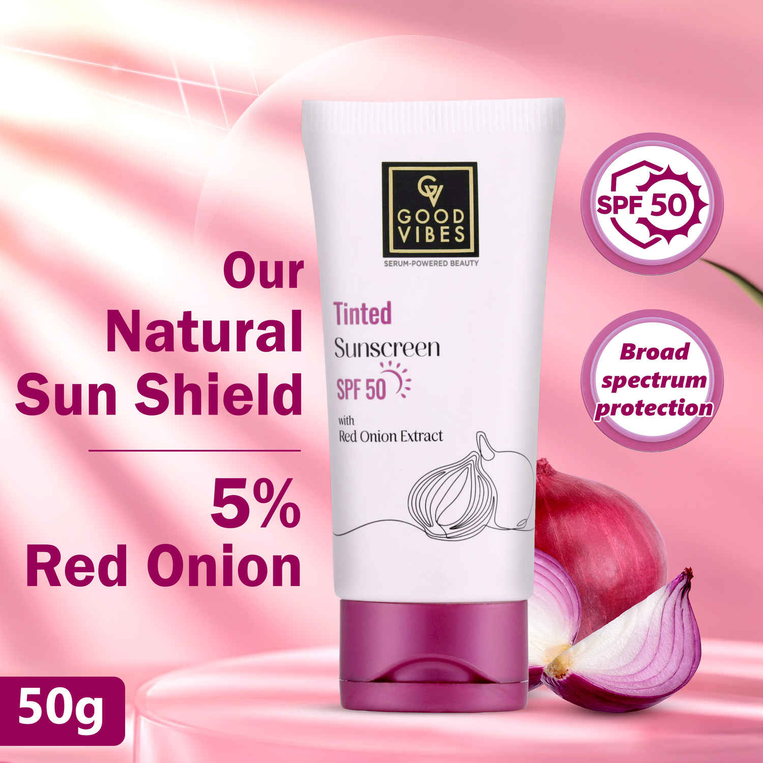 Buy Good Vibes Red Onion Tinted Sunscreen SPF 50 | PA++++ | 5% Red onion Extract | Natural Shield | Glass Skin Effect | UV A & UV B Protection | Blue Light Protection | Sun Cream | Sunblock Sunscreen (50 gm) - Purplle