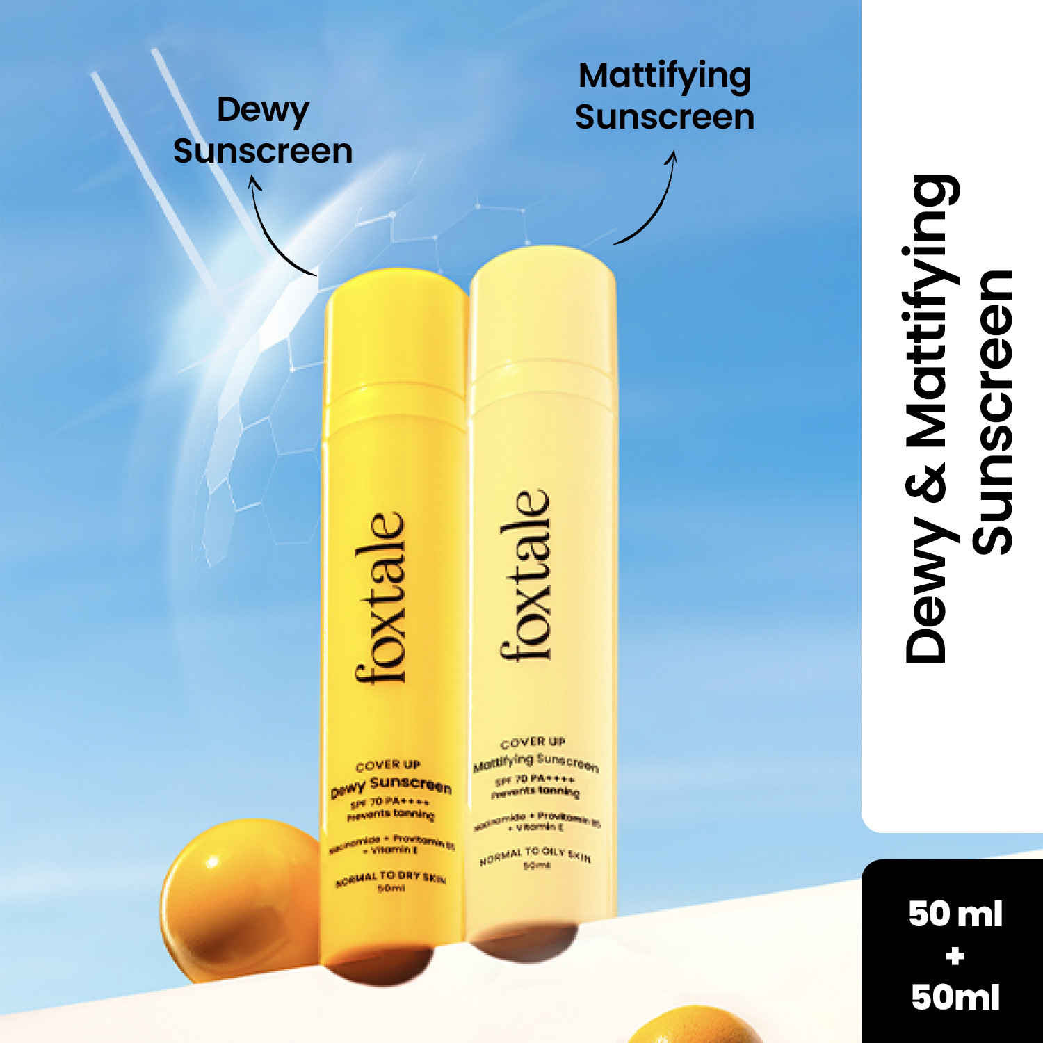 Buy Foxtale Niacinamide Dewy & Mattifying Sunscreen SPF 70+ PA++ No White Cast Men & Women (50 ml+50 ml) - Purplle