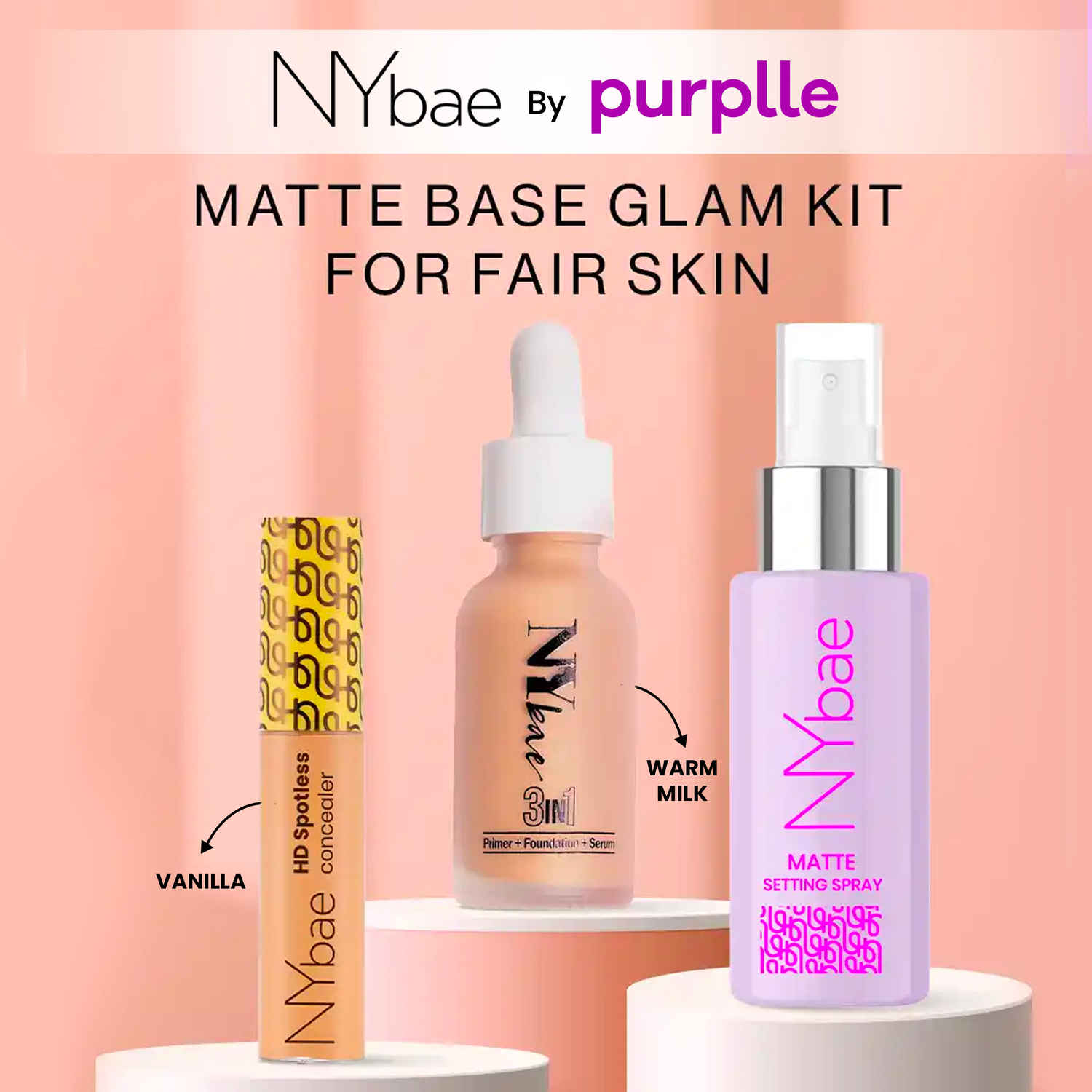 Buy NY Bae Matte Base Glam Kit for Fair Skin (Spotless Concealer - Vanilla (11 gm) + 3 in 1 Serum Foundation - Warm Milk (30 ml) + Matte Setting Spray (60 ml) - Purplle