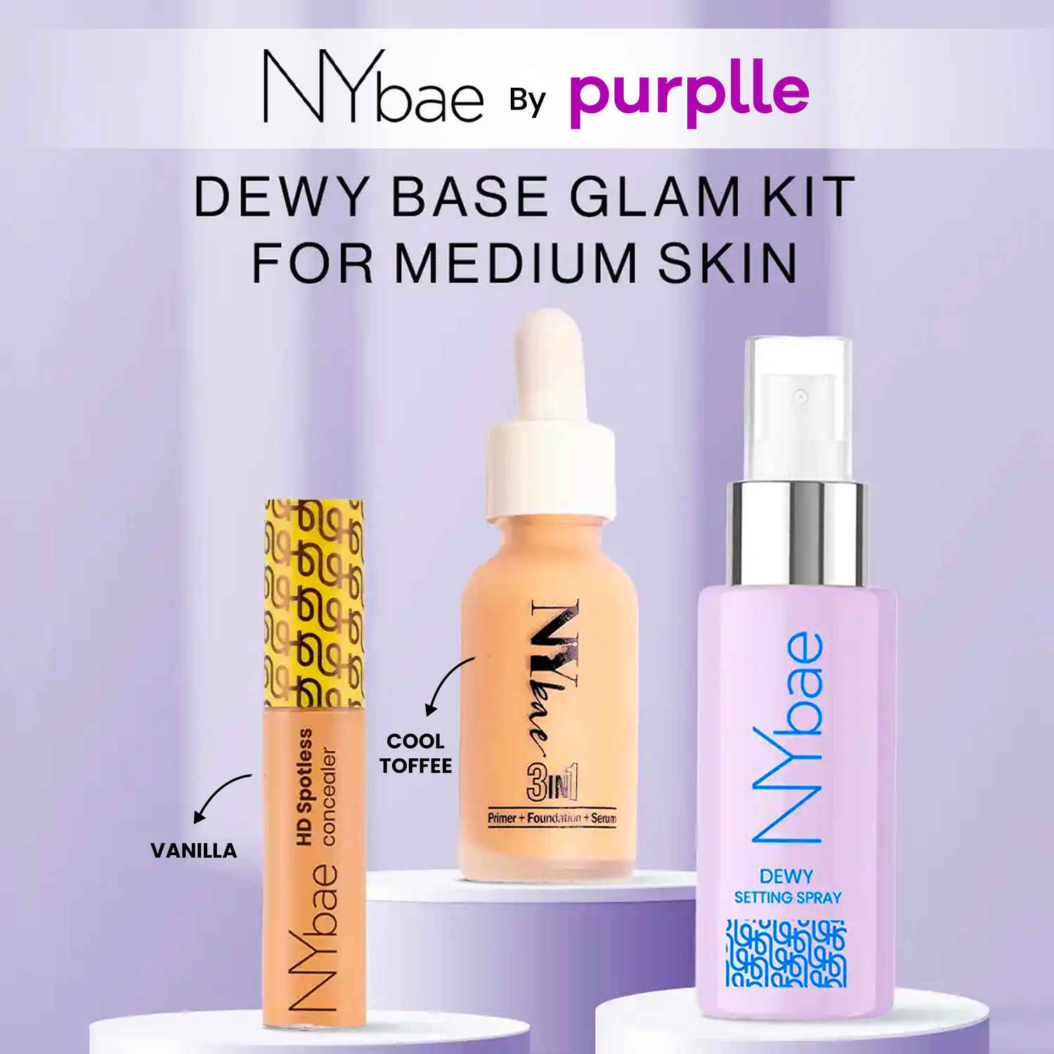 Buy NY Bae Dewy Base Glam Kit for Medium Skin (Spotless Concealer - Bisque (11gm) + 3 in 1 Serum Foundation - Cool Toffee (30 ml) + Dewy Setting Spray (60 ml) - Purplle