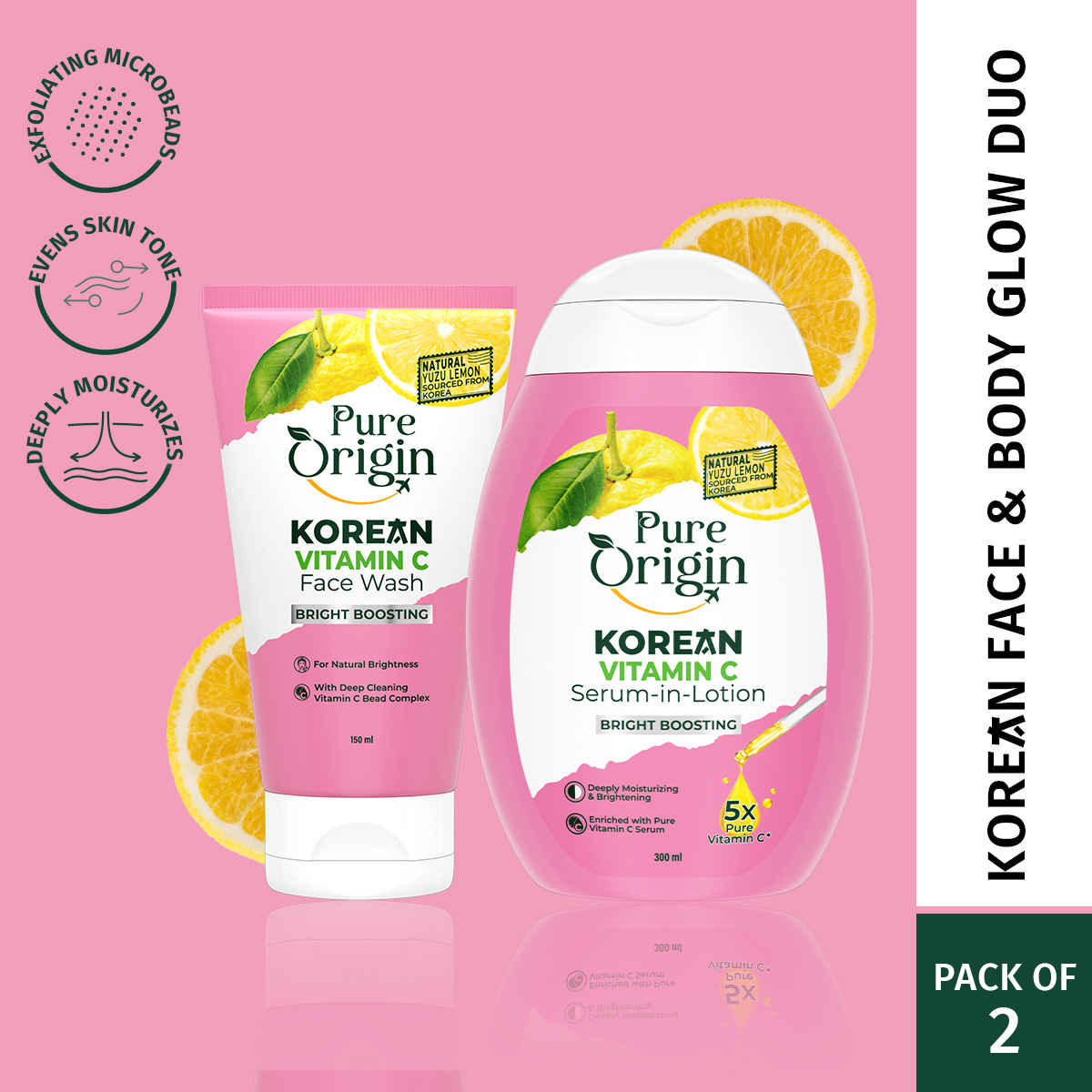 Buy Pure Origin Korean Vitamin C Face Wash (150 ml) & Body Lotion (300 ml) Combo | With Microbeads for Deep Cleansing | Brightens & Fades Spots | For All Skin Types - Combo of 2 - Purplle