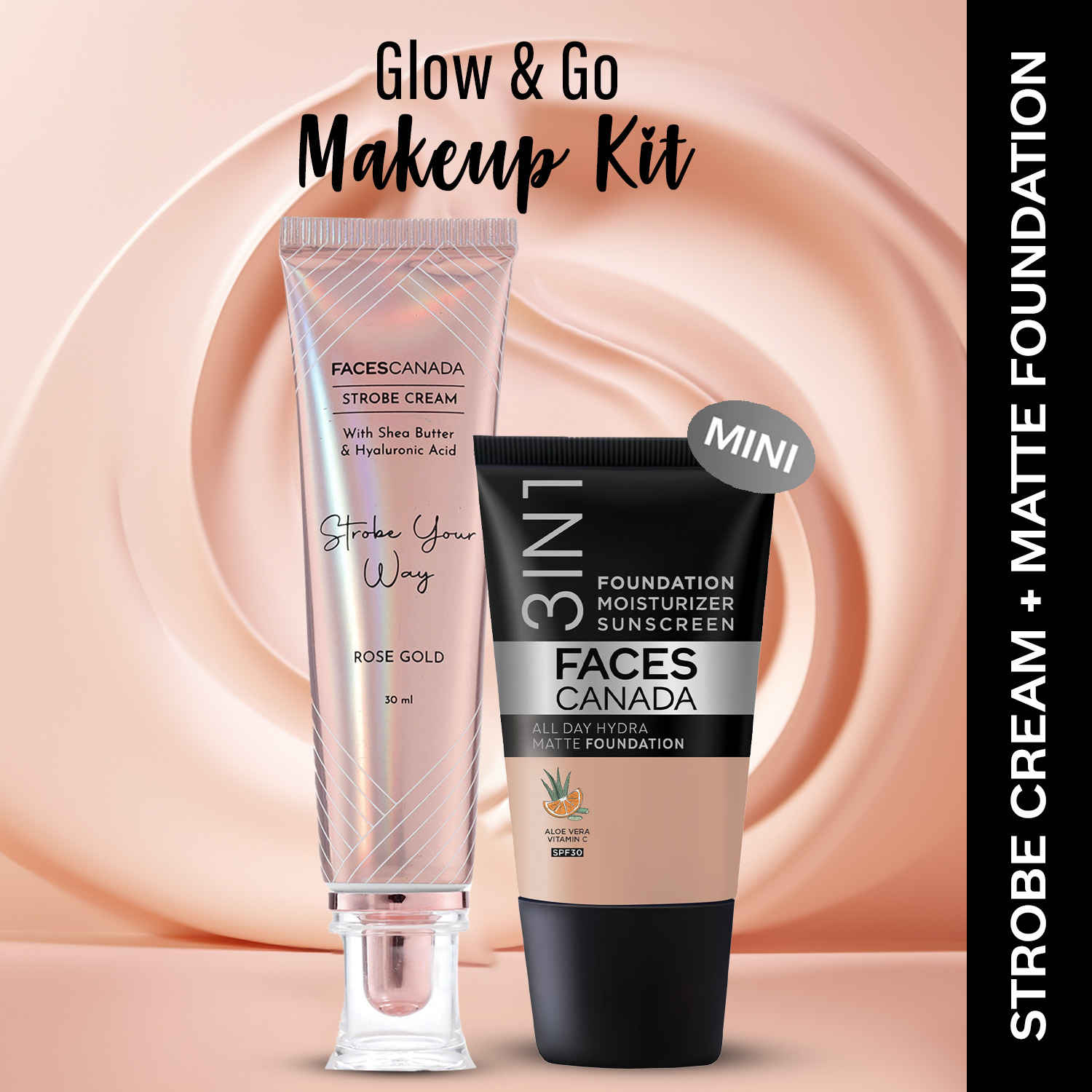 Buy FACES CANADA Rose Glow Kit 3 | Rose Gold Strobe Cream (30 ml) + Hydra Matte Foundation (Mini) - Warm Natural (18 ml) | Makeup Kit For Women (Combo Pack Of 2) - Purplle