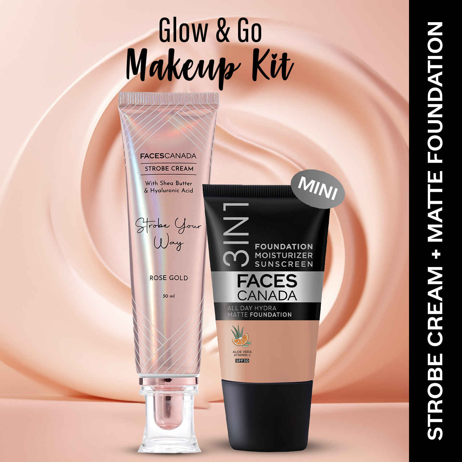 Buy FACES CANADA Rose Glow Kit 5 | Rose Gold Strobe Cream (30 ml) + Hydra Matte Foundation (Mini) - Caramel Natural (18 ml) | Makeup Kit For Women (Combo Pack Of 2) - Purplle