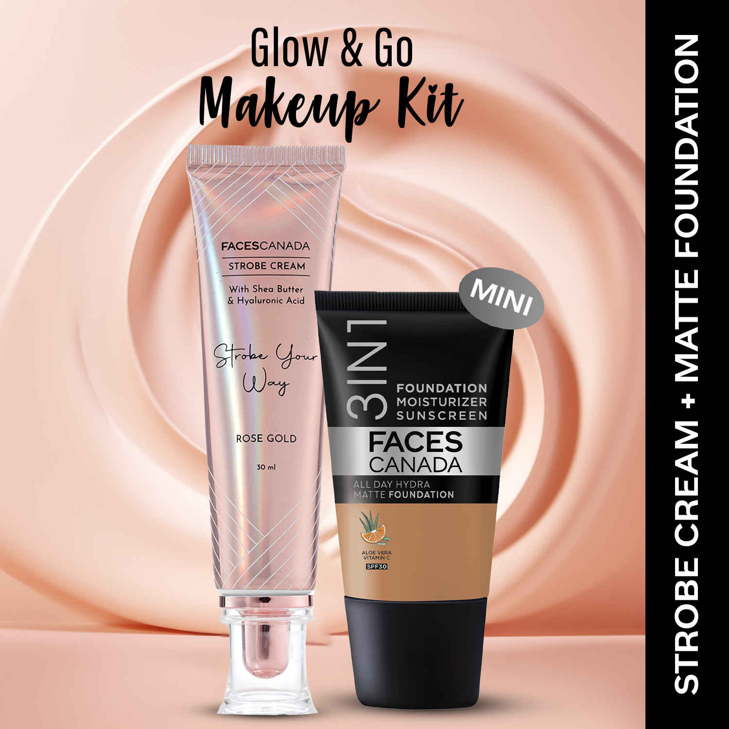 Buy FACES CANADA Rose Glow Kit 6 | Rose Gold Strobe Cream (30 ml) + Hydra Matte Foundation (Mini) - Warm Sand (18 ml) | Makeup Kit For Women (Combo Pack Of 2) - Purplle