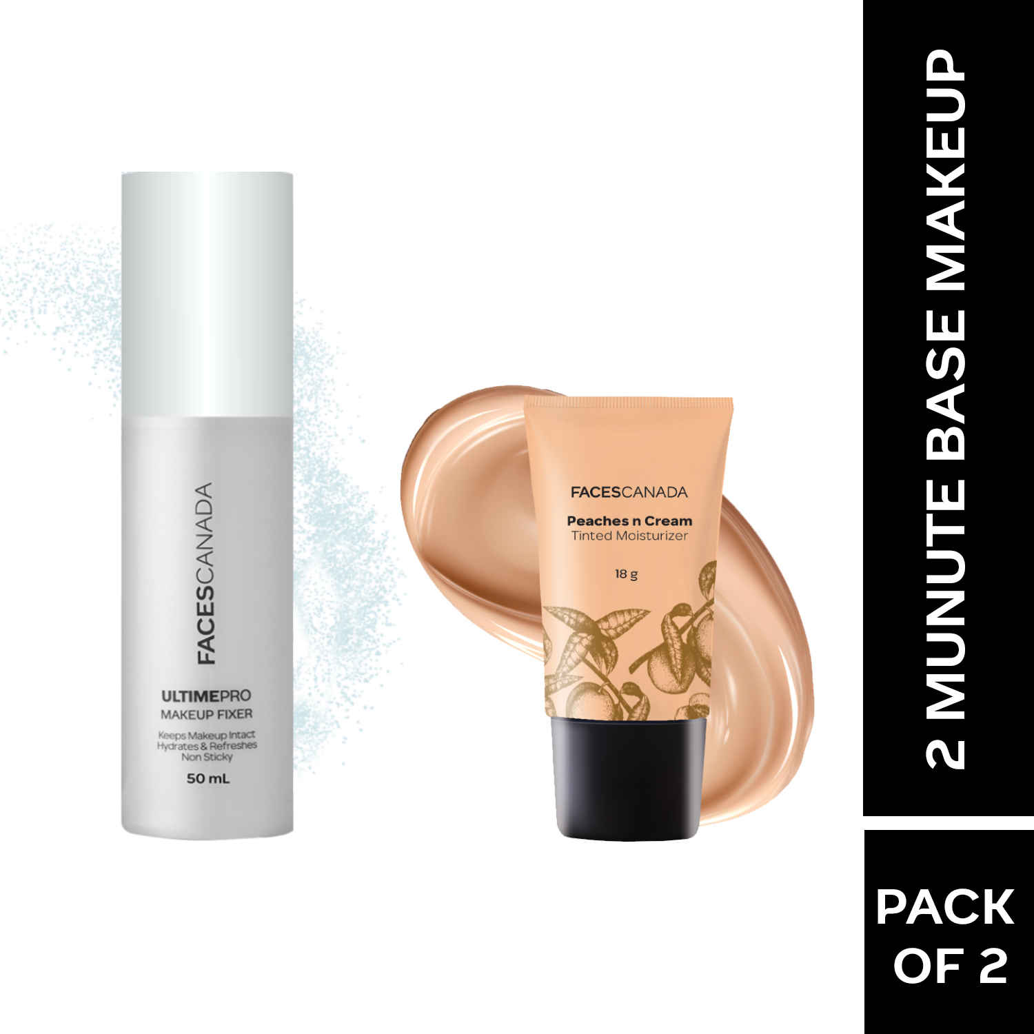 Buy FACES CANADA 2 Minute Base Makeup Combo - Peaches N Cream Tinted Moisturizer (Mini) - Light (18 gm) + Ultime Pro Makeup Fixer (50 ml) - Purplle