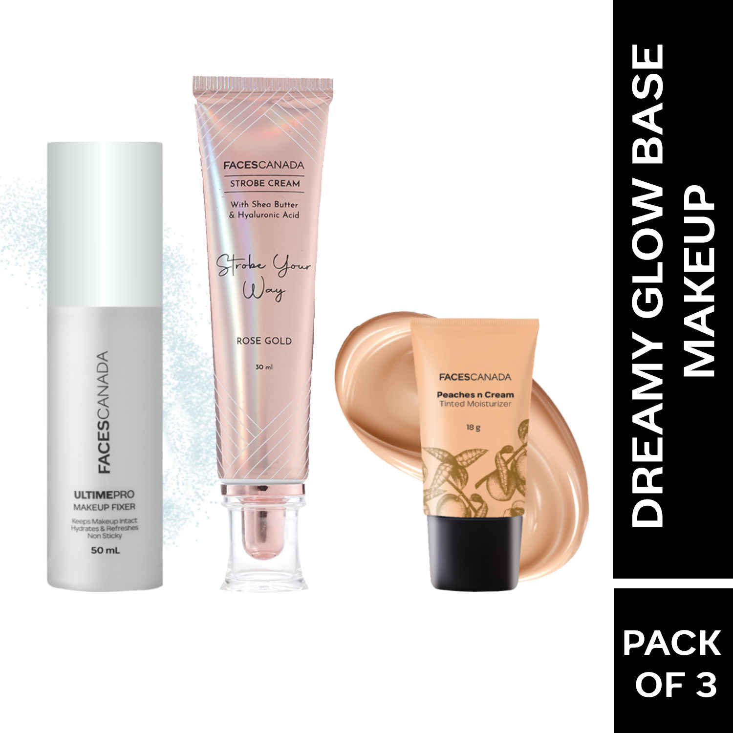 Buy FACES CANADA Dreamy Glow Base Makeup Combo - Peaches N Cream Tinted Moisturizer (Mini) - Light (18 gm) + Rose Gold Strobe Cream (30 ml) + Ultime Pro Makeup Fixer (50 ml) - Purplle