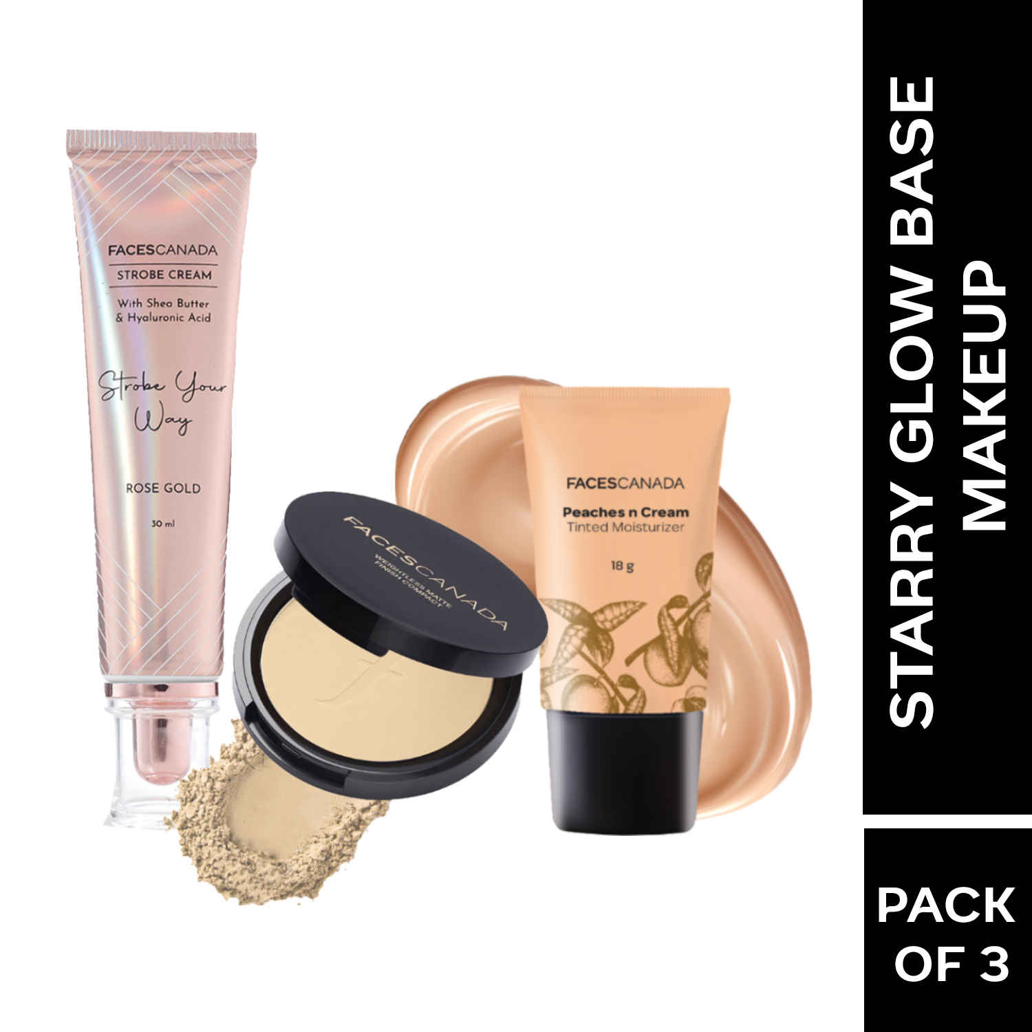 Buy FACES CANADA Starry Glow Base Makeup Combo - Peaches N Cream Tinted Moisturizer (Mini) - Light (18 gm) + Weightless Stay Matte Finish Compact Powder - Natural 02 (9 gm) + Rose Gold Strobe Cream (30 ml) - Purplle
