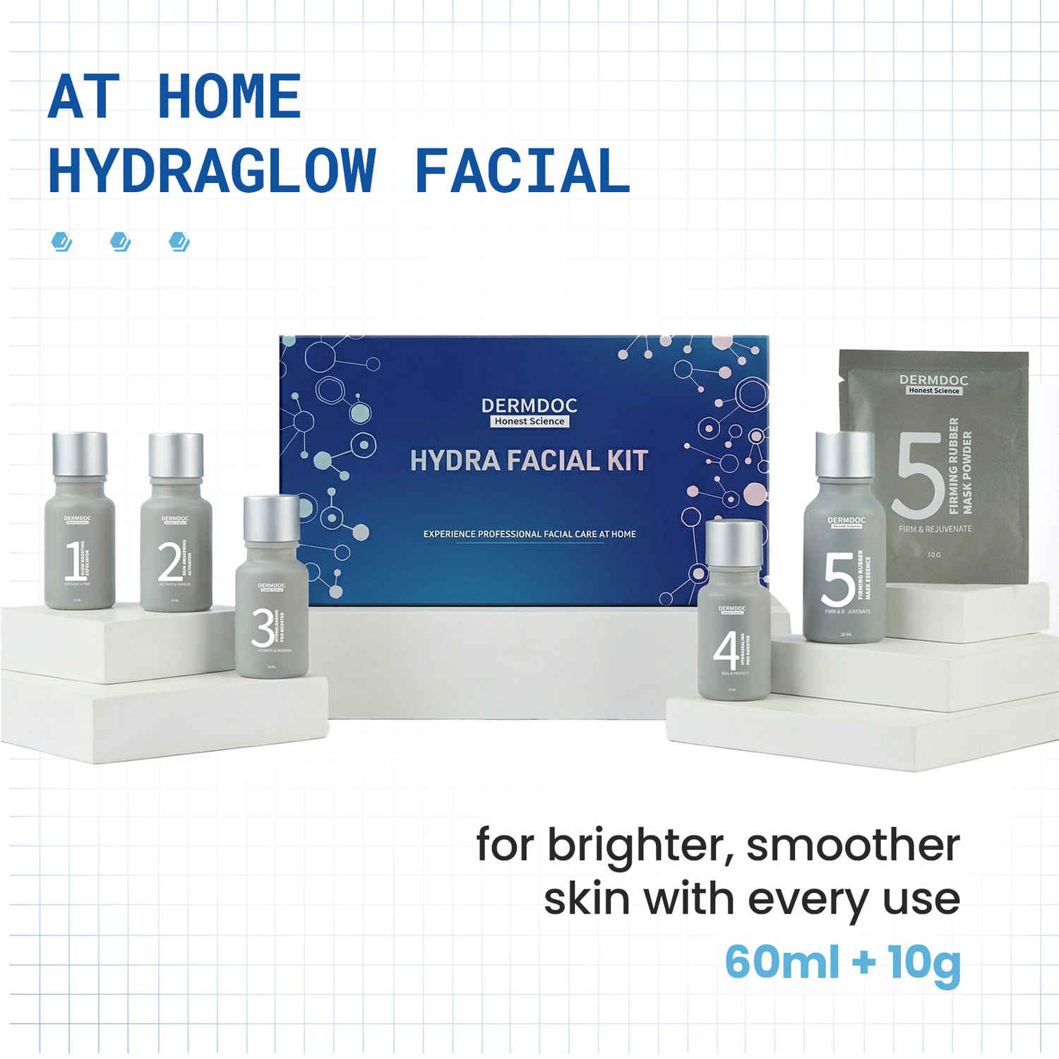 Buy DERMDOC HydraGlow 5-Step Hydrating Facial Kit | With Glycolic Acid, Lactic Acid, Hyaluronic Acid, Niacinamide & Peptides | Deep Hydration, Smooth Texture & Instant Glow | Professional Salon-Like Facial at Home (60 ml + 10 gm) - Purplle