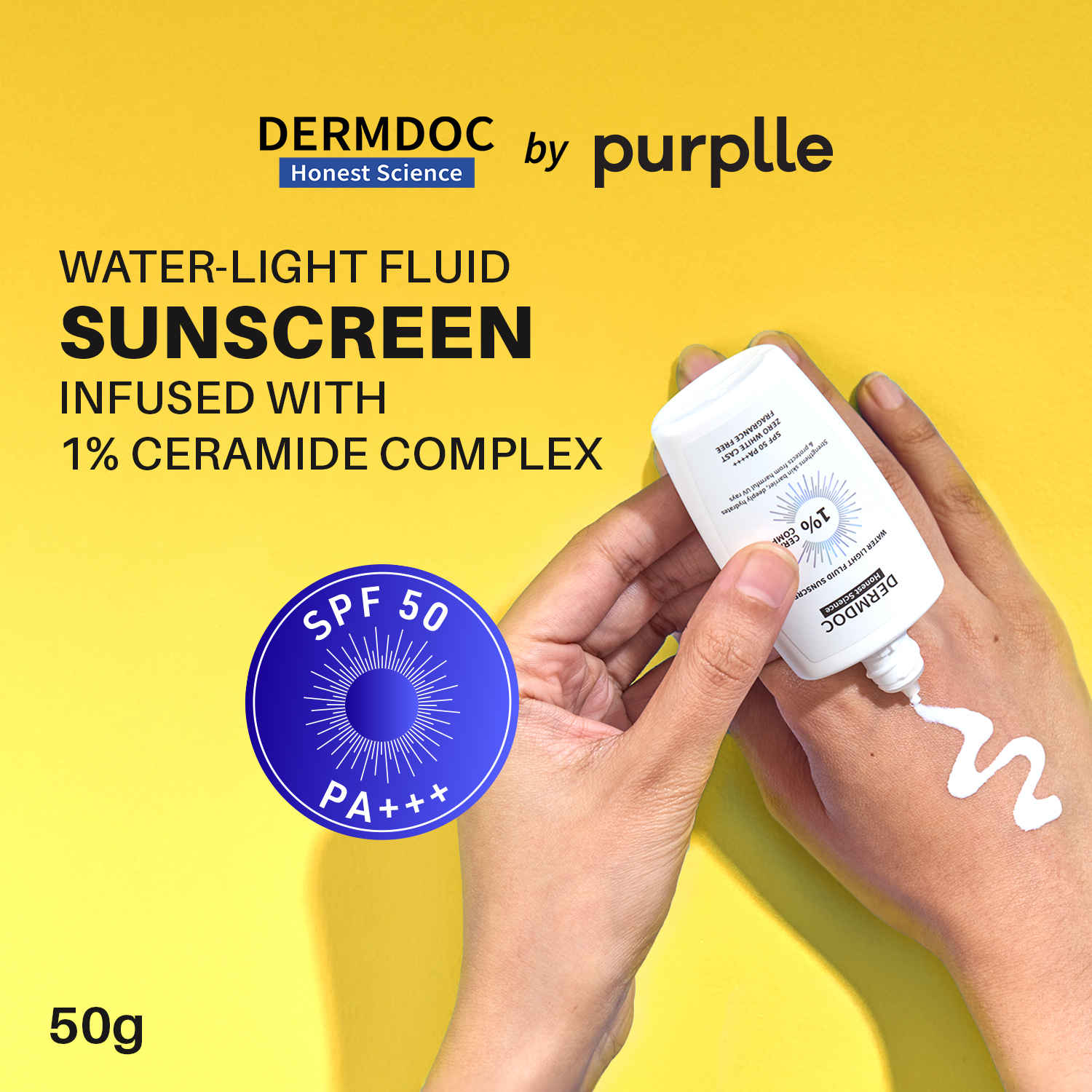 Buy DERMDOC SPF 50 1% Ceramide Complex Water Light Fluid Sunscreen (50 gm) | PA+++ | Sunblock | Lightweight | Non-Sticky I No White Cast | Non-Comedogenic - Purplle