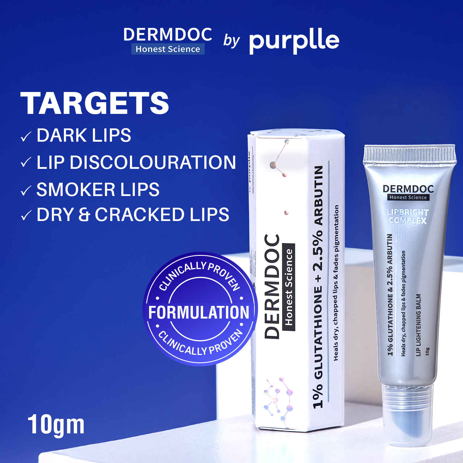Buy DERMDOC LipBright Treatment 1% Glutathione + 2.5% Arbutin Lip Balm (10 gm) | Brightening Lip Balm for Chapped Lips, Pigmented Lips, & Smoker Lips - Purplle